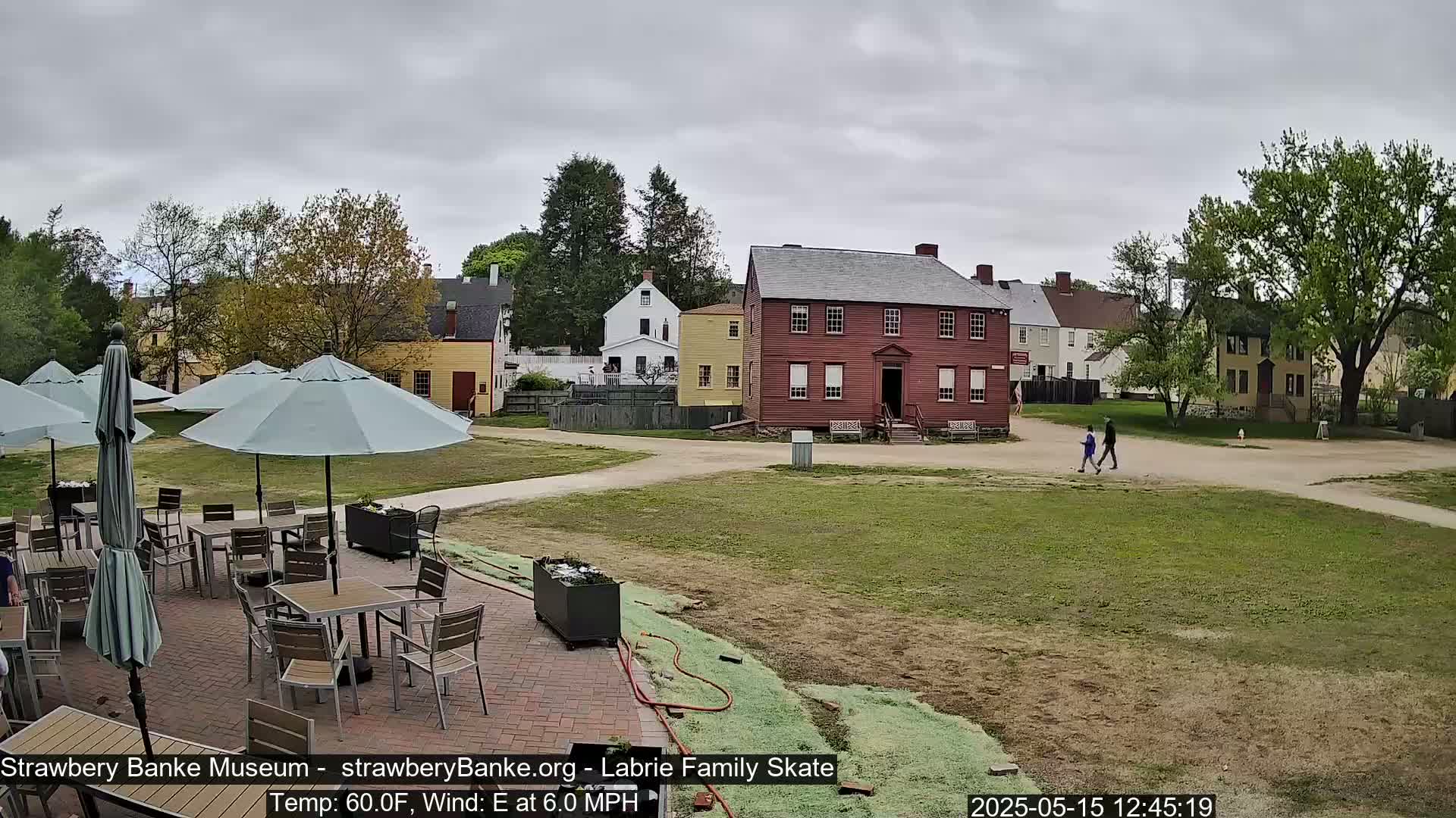 An outdoor patio with several tables and umbrellas overlooks a grassy area with historical-looking buildings, under an overcast sky.