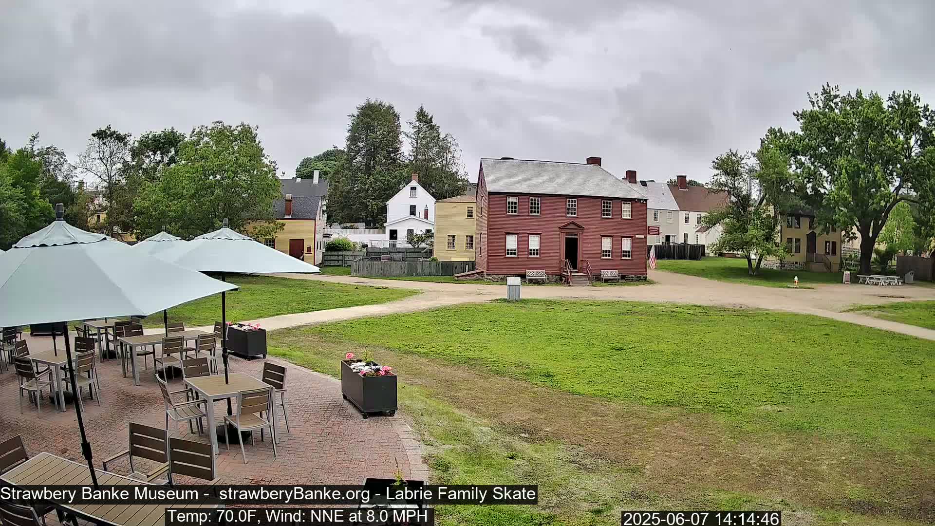 An outdoor patio with tables and umbrellas under an overcast sky overlooks a grassy area with several historic-looking buildings.
