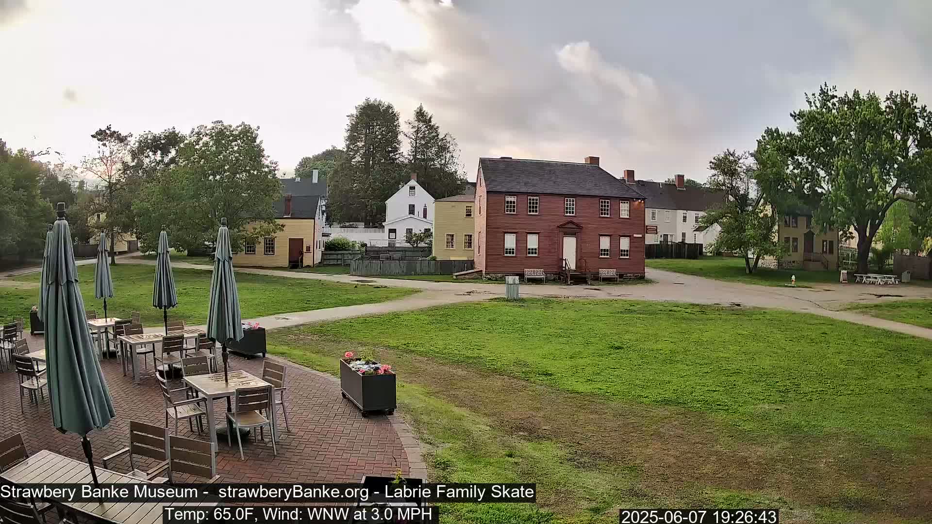 An outdoor patio with tables and umbrellas sits before several historic-looking buildings on a partly cloudy evening with a light west-northwest wind.
