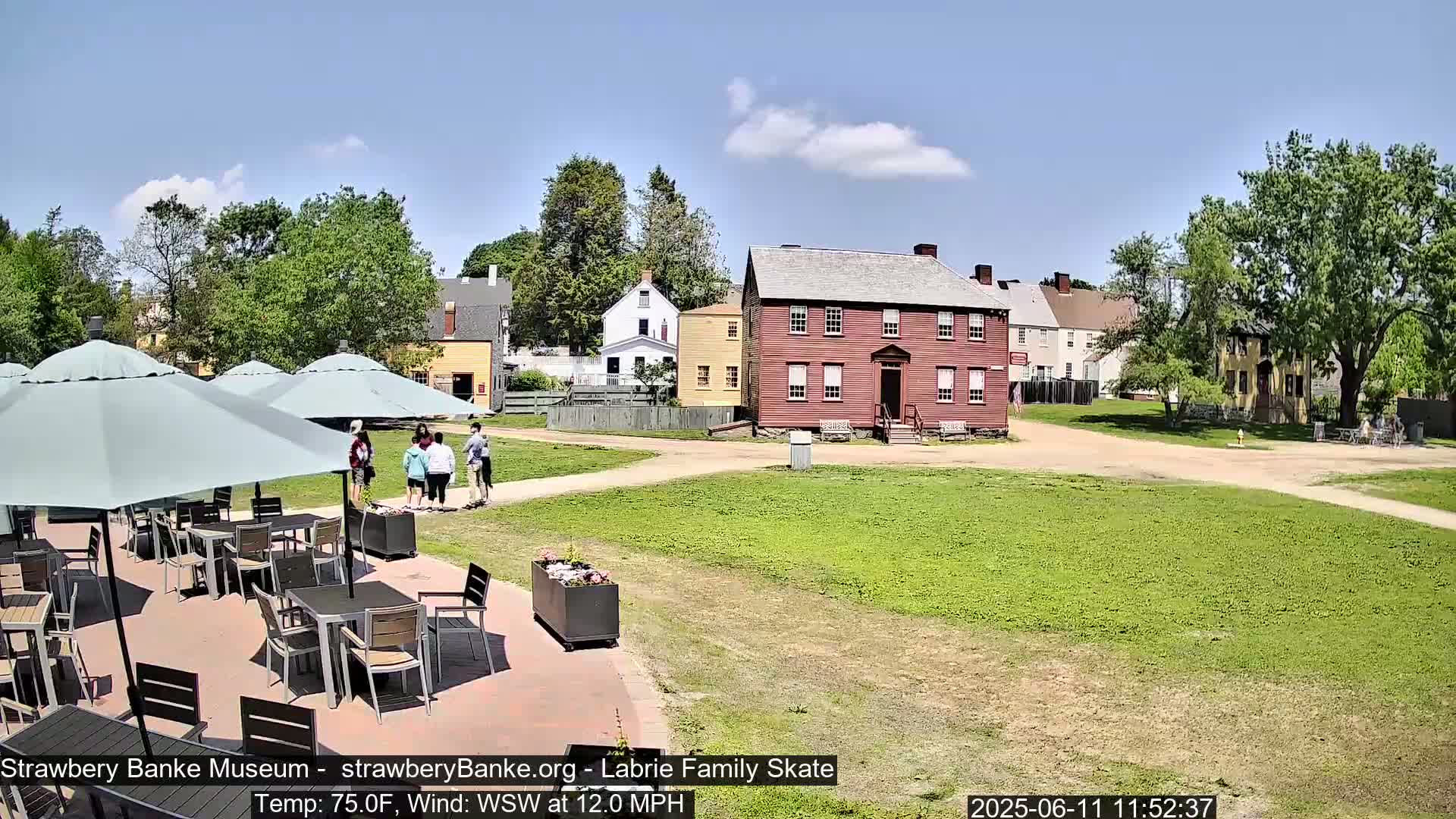 An outdoor patio with several umbrellas and tables is situated in front of a cluster of historic-looking buildings on a sunny day with a wind from the west-southwest at 12 mph.