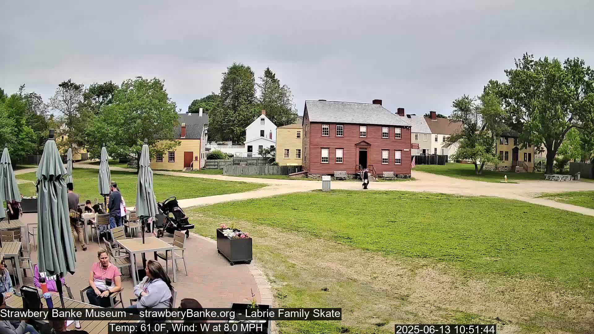 An outdoor patio area with several people sitting at tables under umbrellas overlooks a grassy area with several historical-looking buildings on an overcast day.