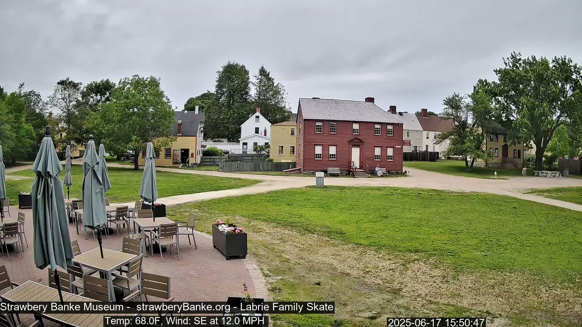 A patio with tables and umbrellas sits before a grassy area and several historic-looking buildings on an overcast day with a southeast wind.