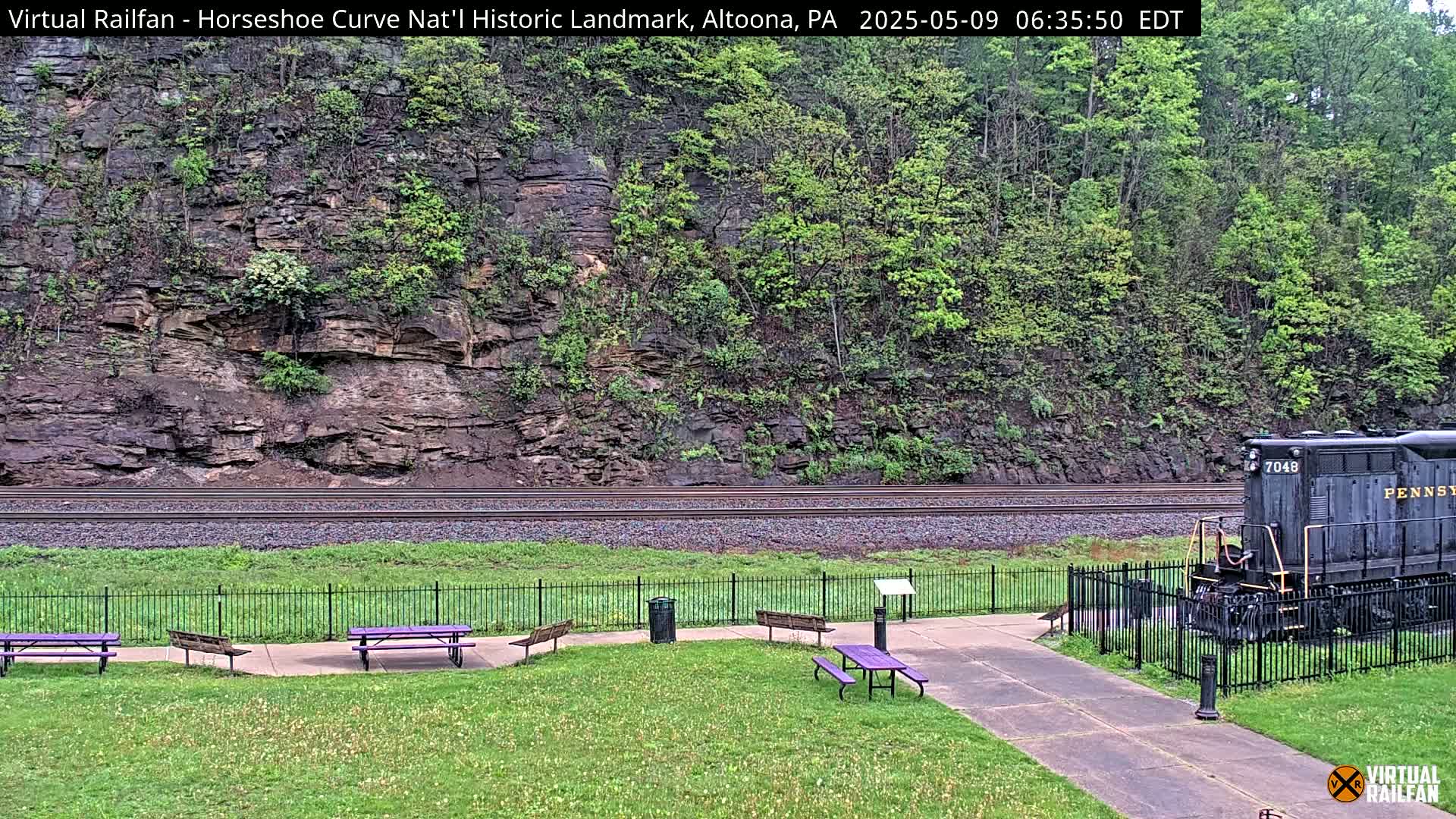 A dark-colored train is parked next to a grassy area with purple picnic tables and a black fence, all situated in front of a rocky hillside with lush green vegetation, under an overcast sky.