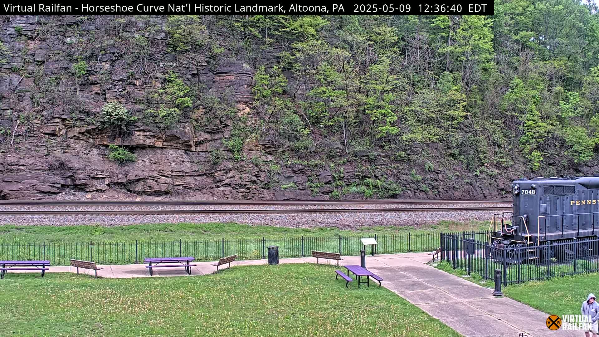 A train sits near a grassy area with picnic tables beside a railroad track against a backdrop of a rocky hillside and lush green trees under a partly cloudy sky.