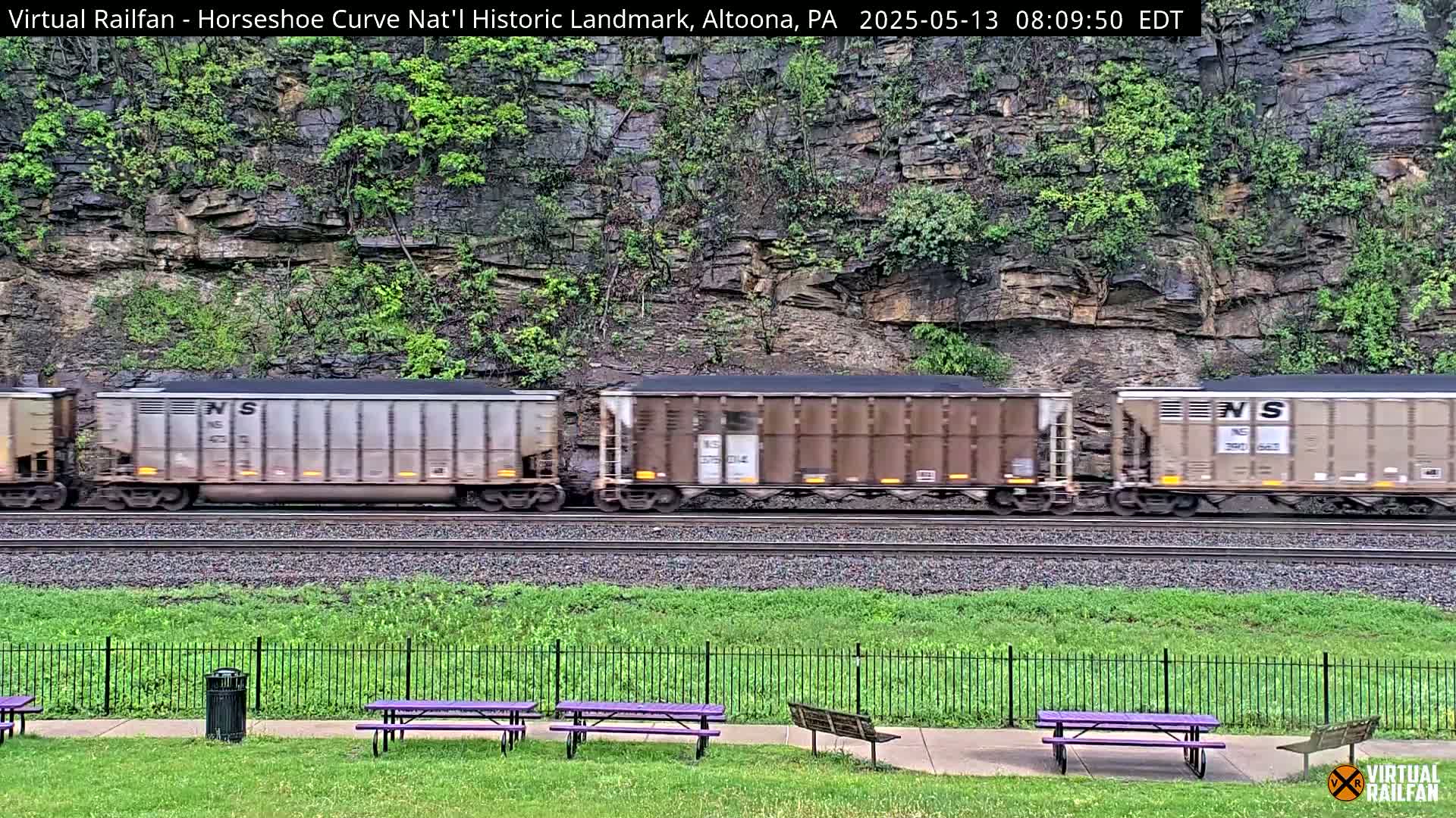 A long freight train speeds past a grassy area with purple picnic tables and a metal fence, against a backdrop of a rocky hillside with greenery.