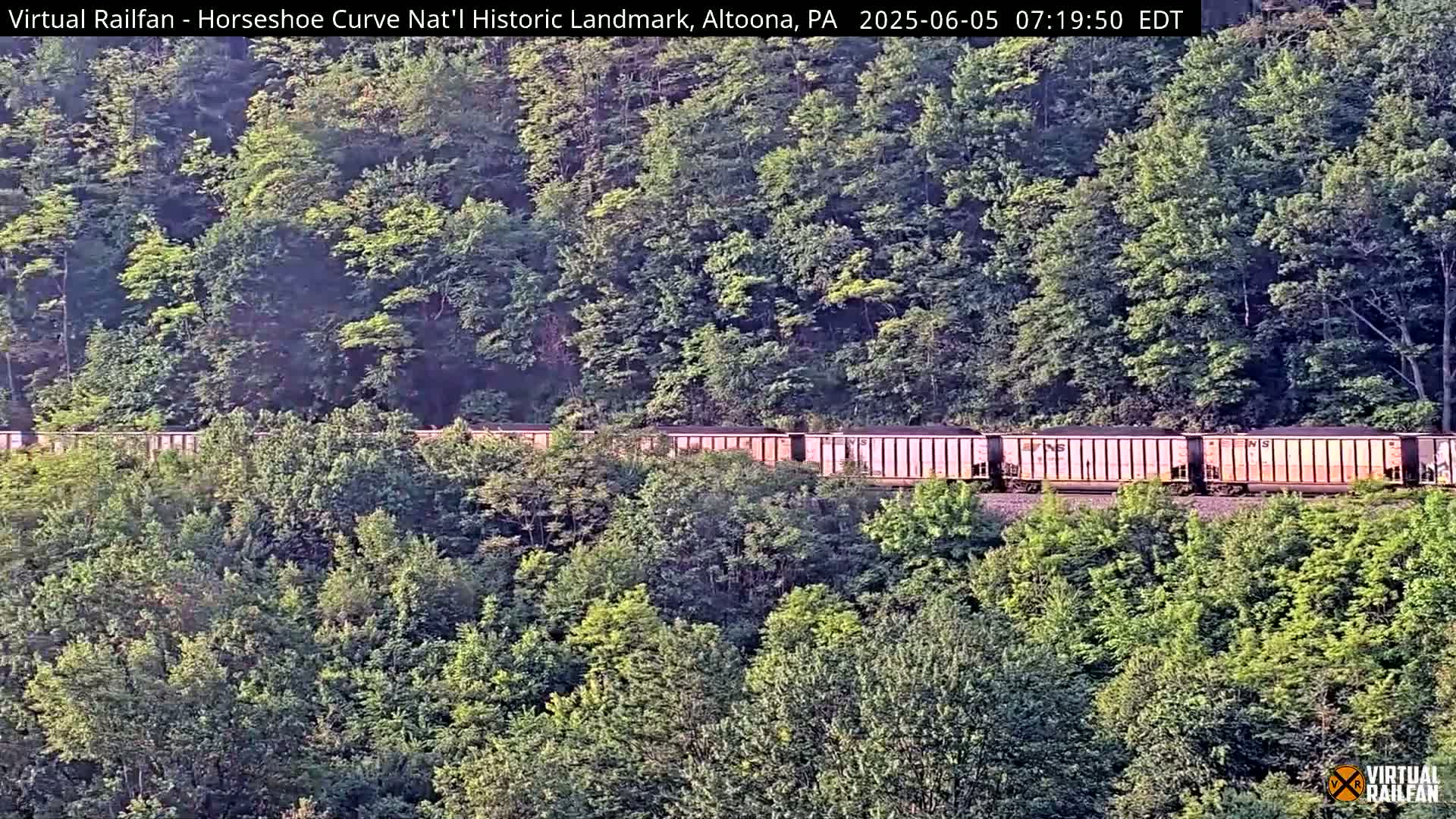 A long freight train is traveling along a railroad track through a lush green forest.