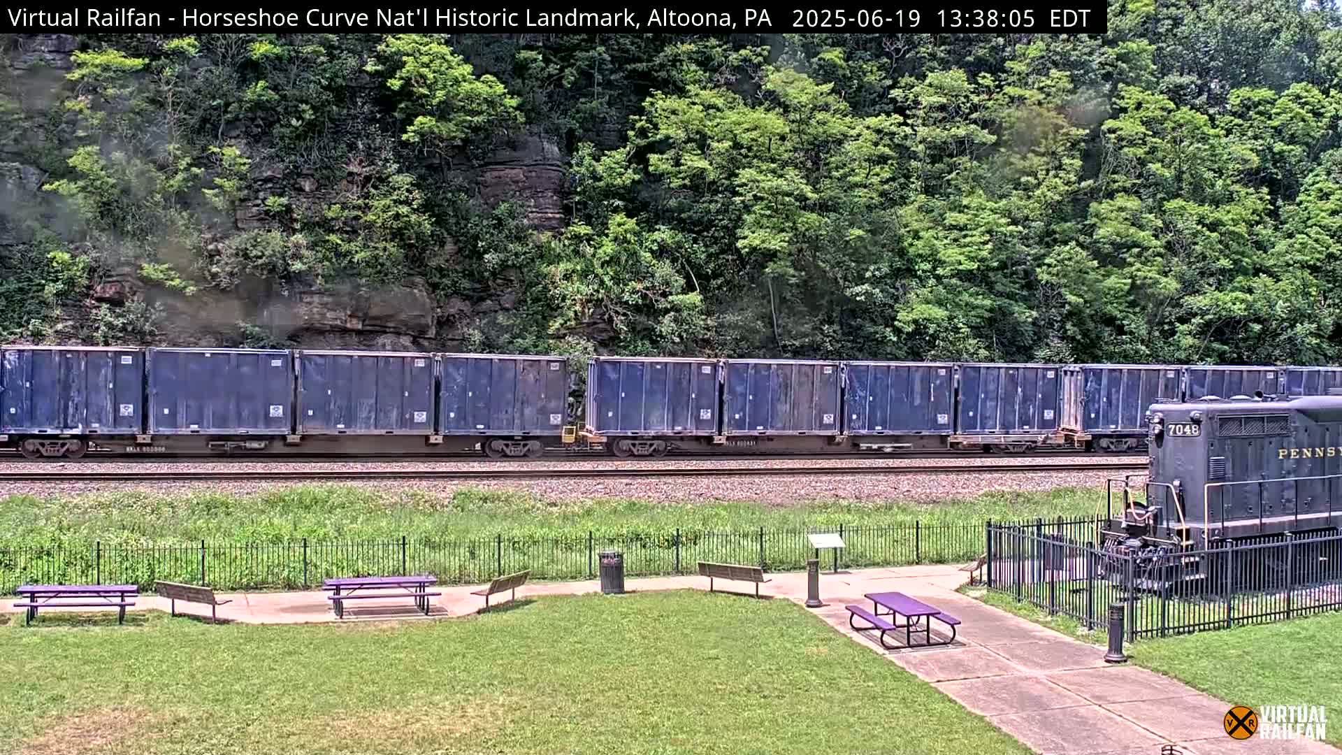 A long freight train passes by a grassy area with picnic tables, a black metal fence, and a rocky, tree-covered hillside in the background on a sunny day.