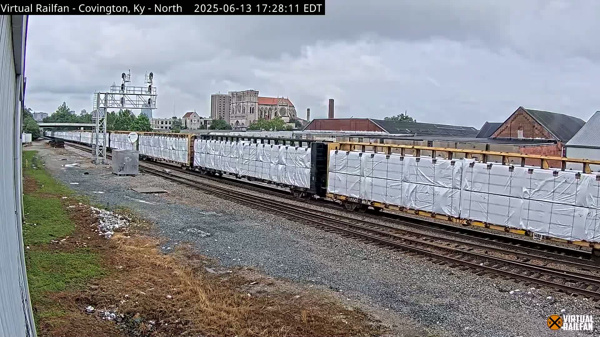 A long freight train carrying bundles of wrapped materials travels along railroad tracks under an overcast sky.