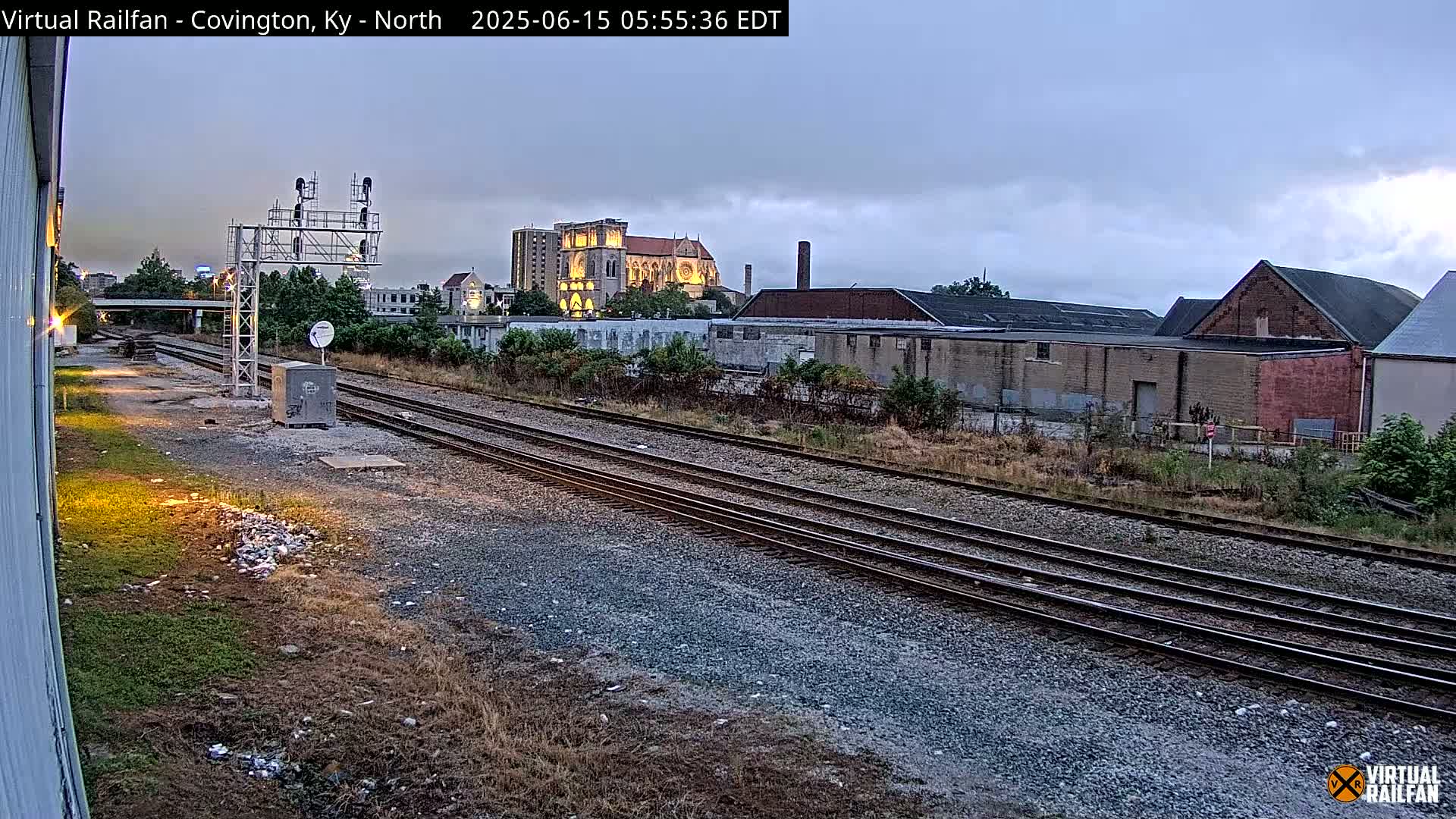 Multiple sets of train tracks run through an overgrown area toward a city skyline under an overcast sky.
