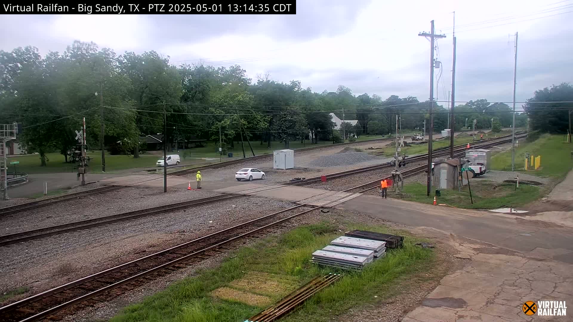 A mostly cloudy day shows a railroad crossing with construction work underway, including workers and vehicles near the tracks, and a white car waiting at the crossing.