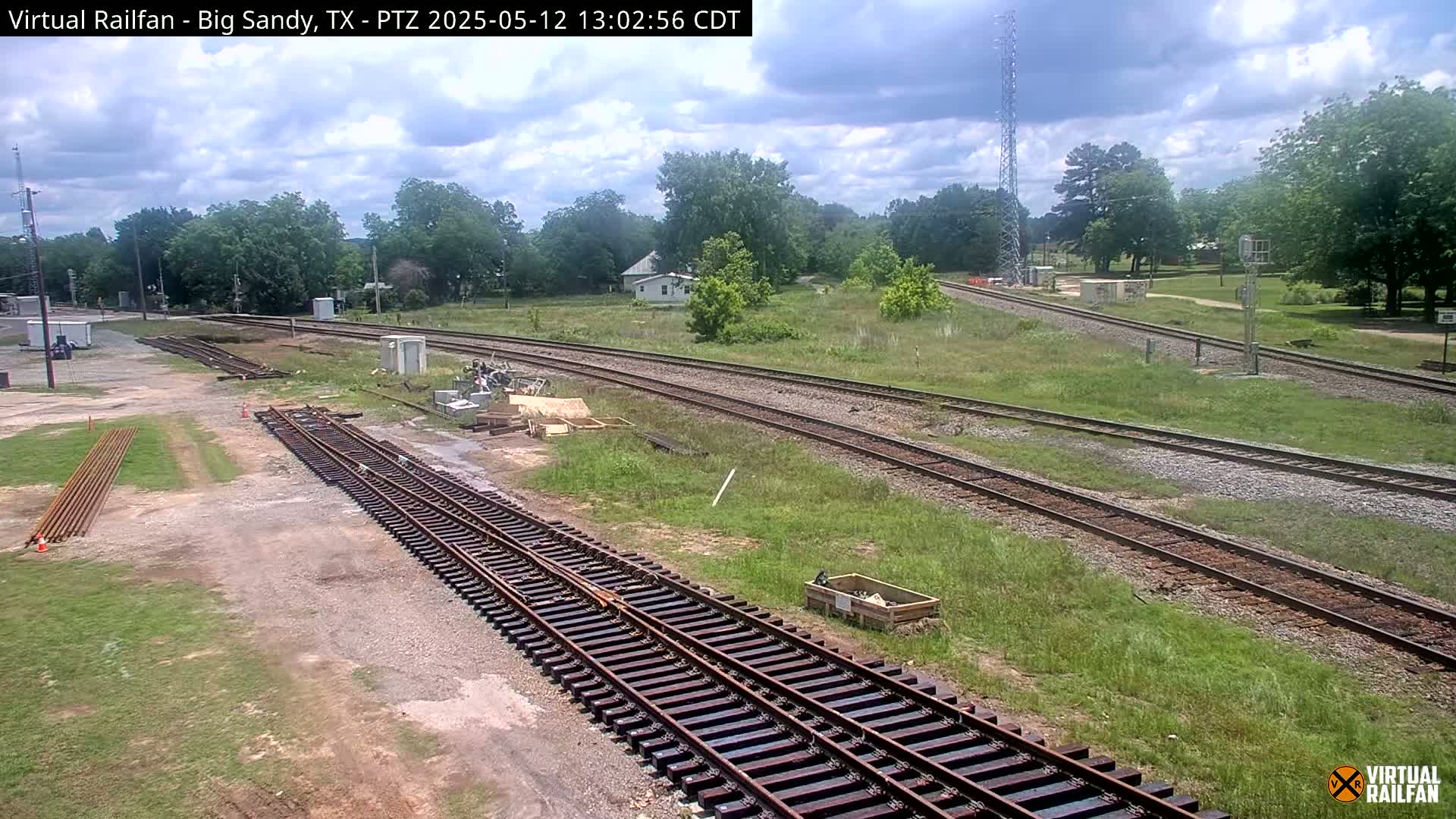 Railroad tracks curve through a grassy area under a partly cloudy sky.