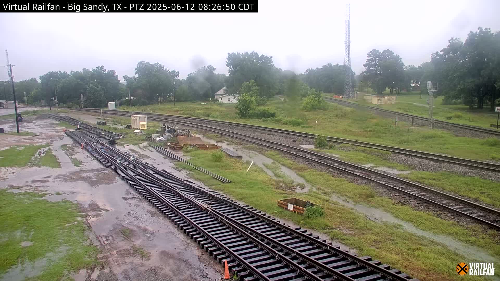 Several sets of railroad tracks in a grassy area with standing water, under an overcast sky.