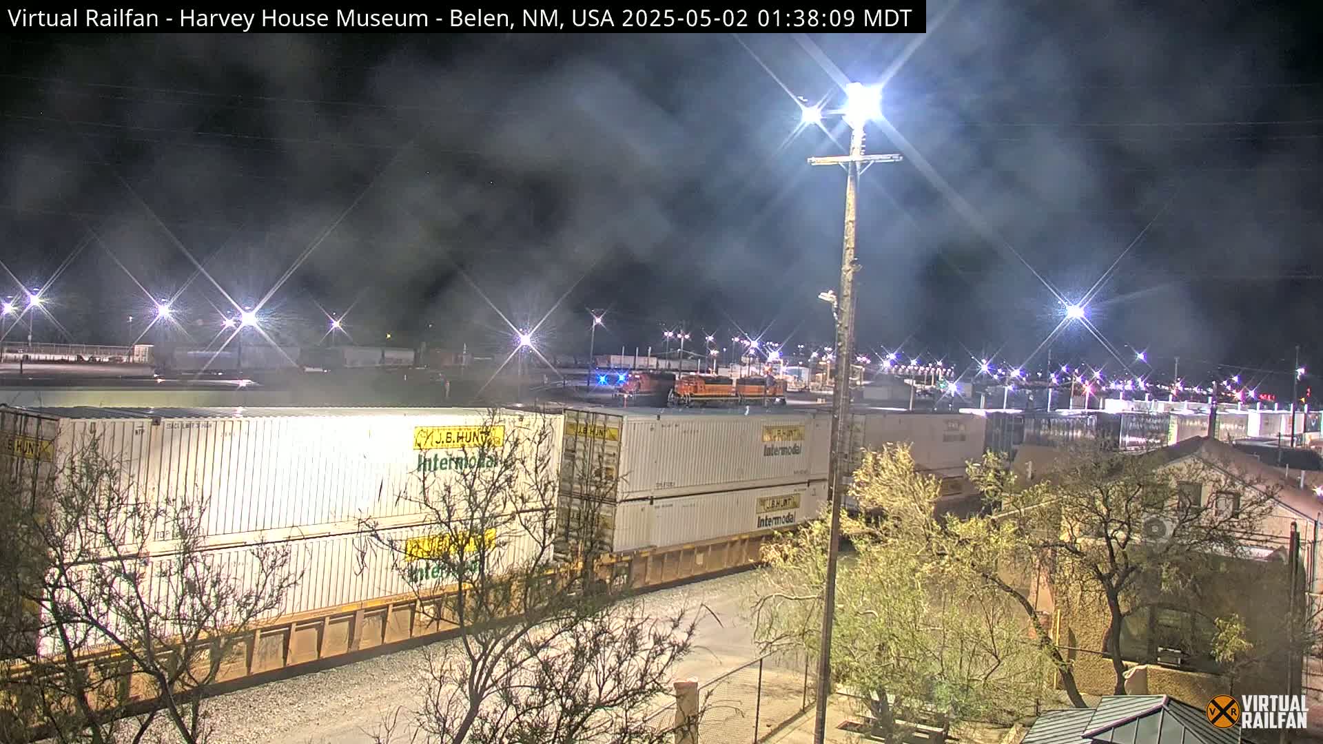 A nighttime view of a train with stacked shipping containers, partially obscured by trees, under a hazy sky illuminated by numerous lights.