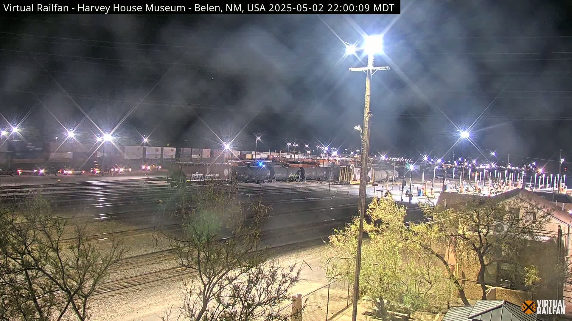 A nighttime view of a train yard with several railcars and dimly lit surrounding buildings under a hazy sky.