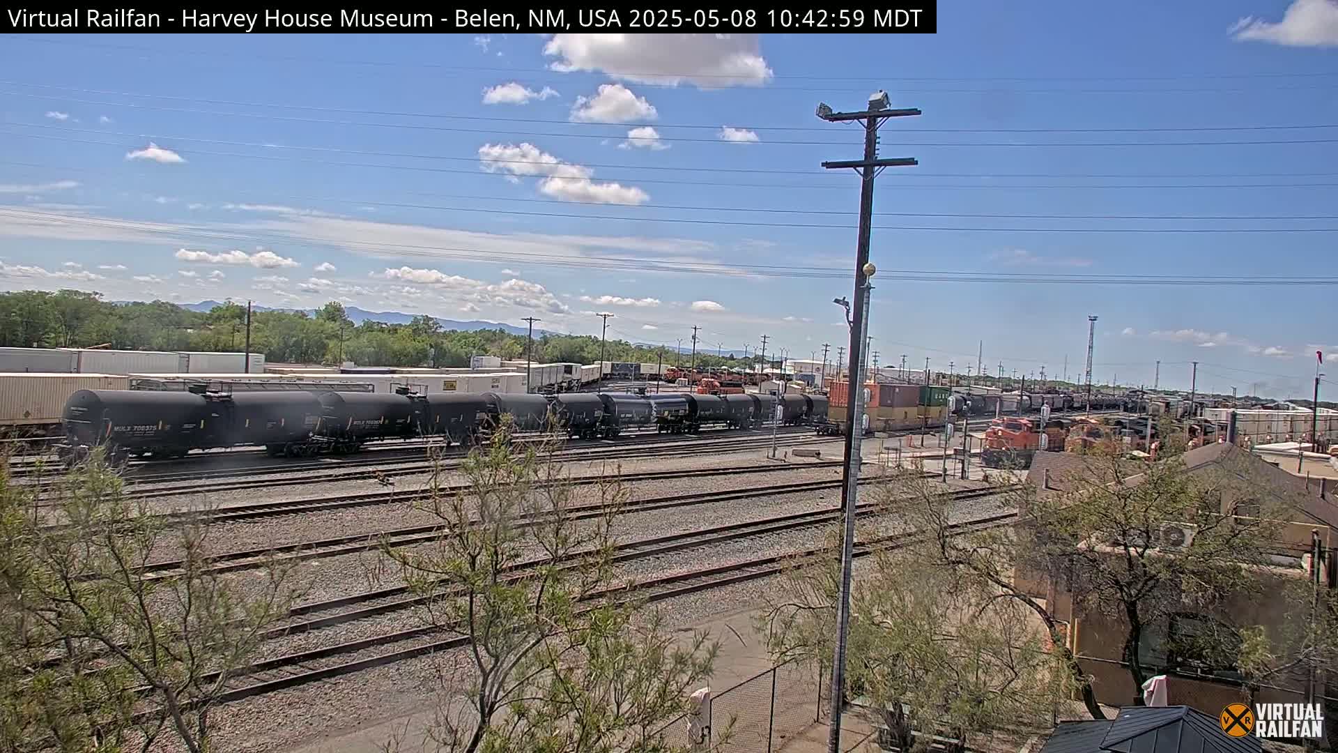 A sunny day reveals a train yard with several black tanker cars and other railcars on multiple tracks, alongside some buildings and trees, under a partly cloudy sky.