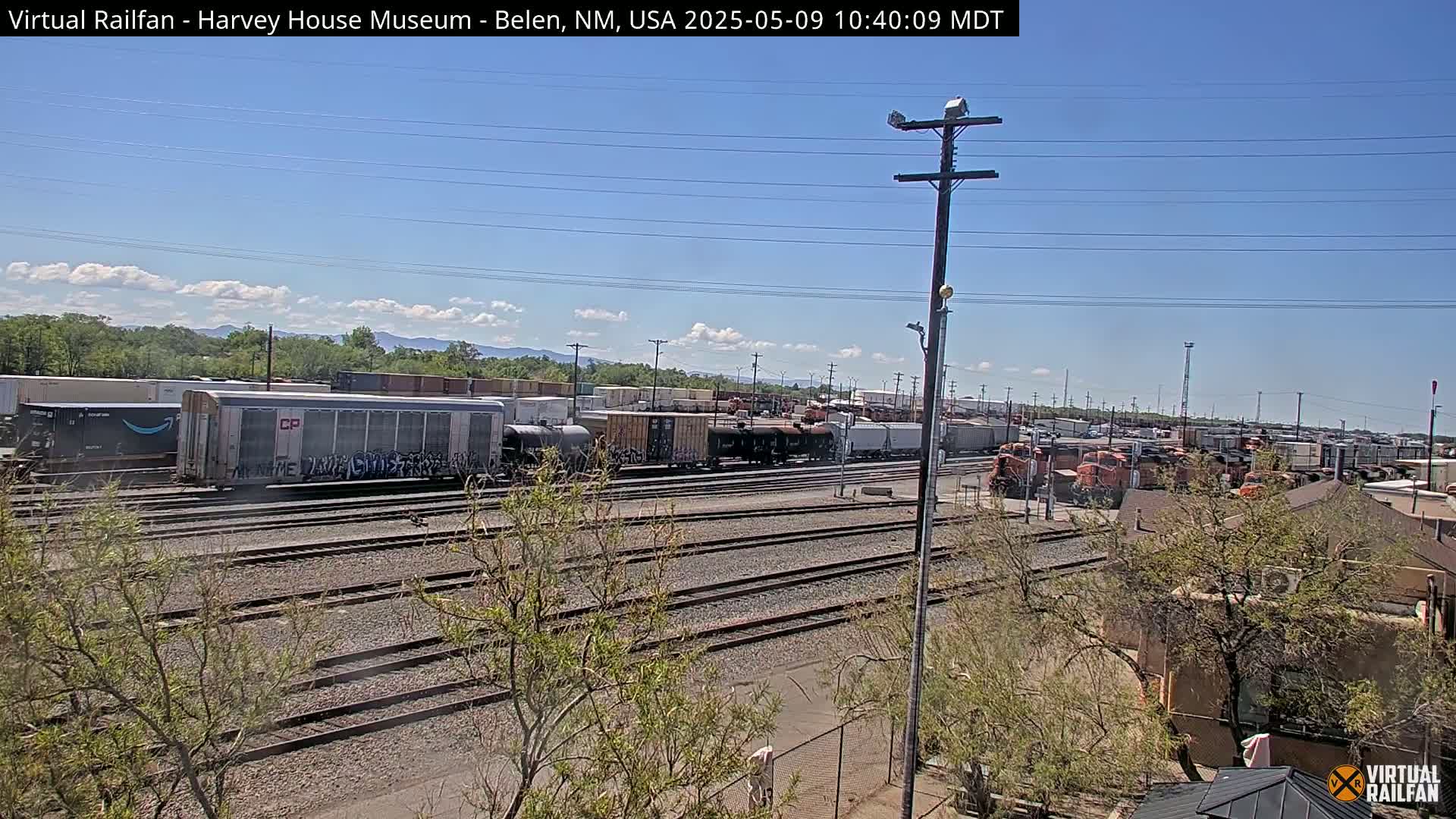 Under a mostly clear blue sky, a train yard with numerous railcars and locomotives is visible, with some graffiti visible on a few of the cars, and a line of trees and buildings in the foreground.