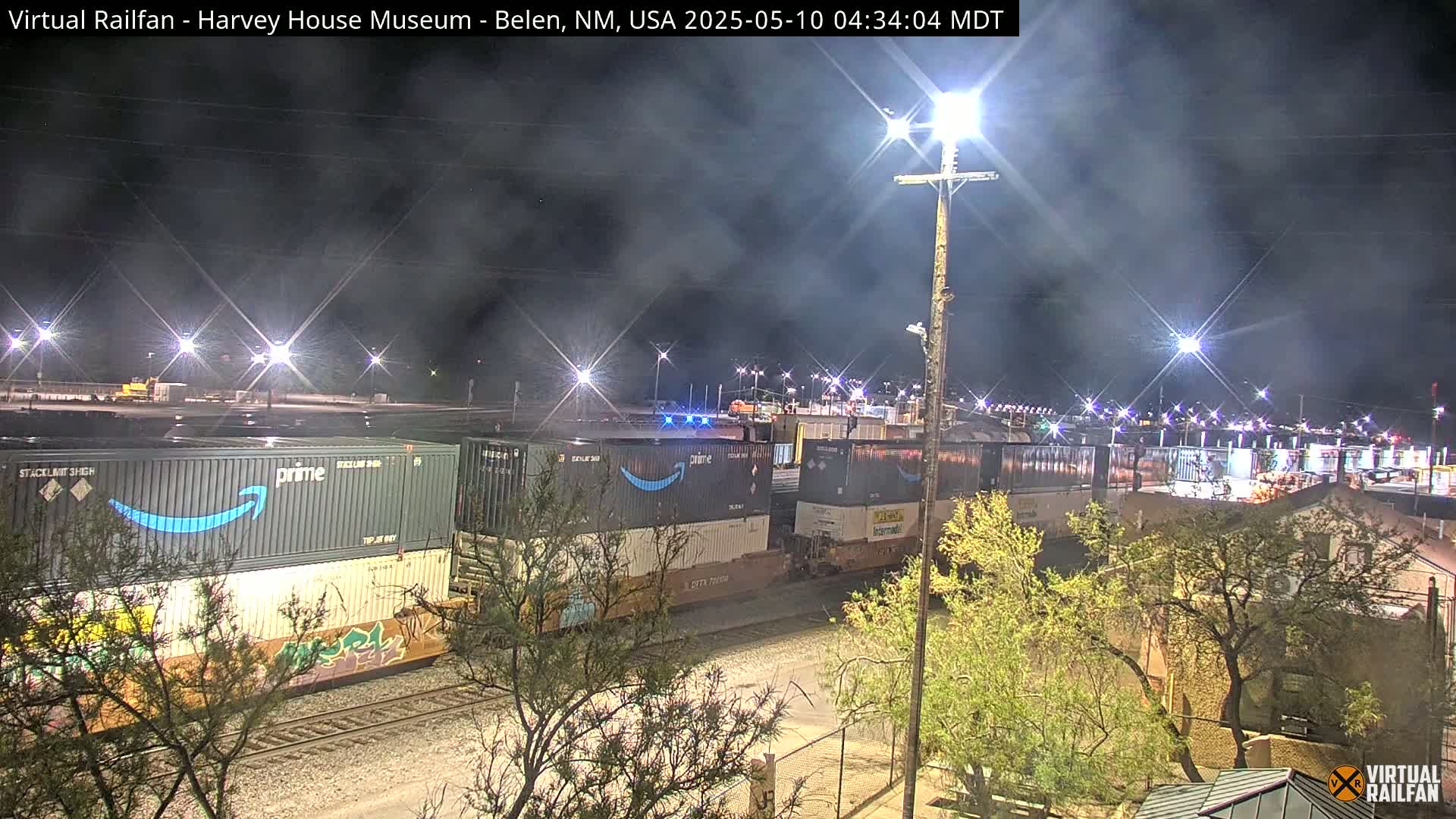 At night, under a hazy sky, a freight train carrying Amazon Prime containers sits in a rail yard next to some buildings and trees.