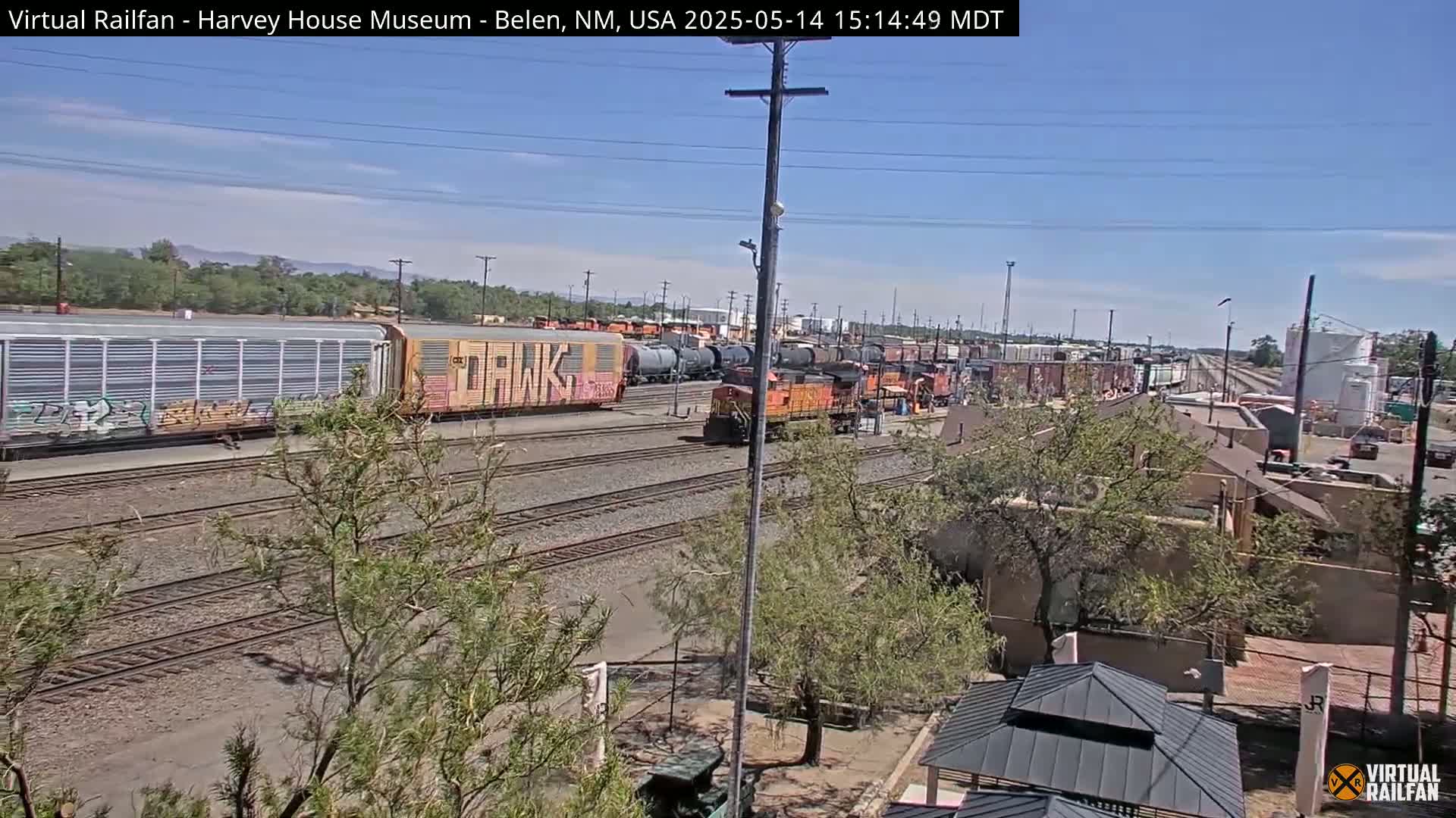A sunny day reveals a train yard with several railcars and locomotives, some with graffiti, situated near low buildings and trees.