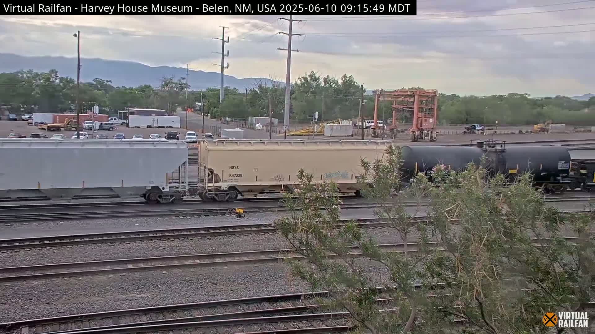 A freight train with several cars, including a hopper car and a tanker car, sits on railroad tracks in front of a yard with some buildings and distant mountains under an overcast sky.