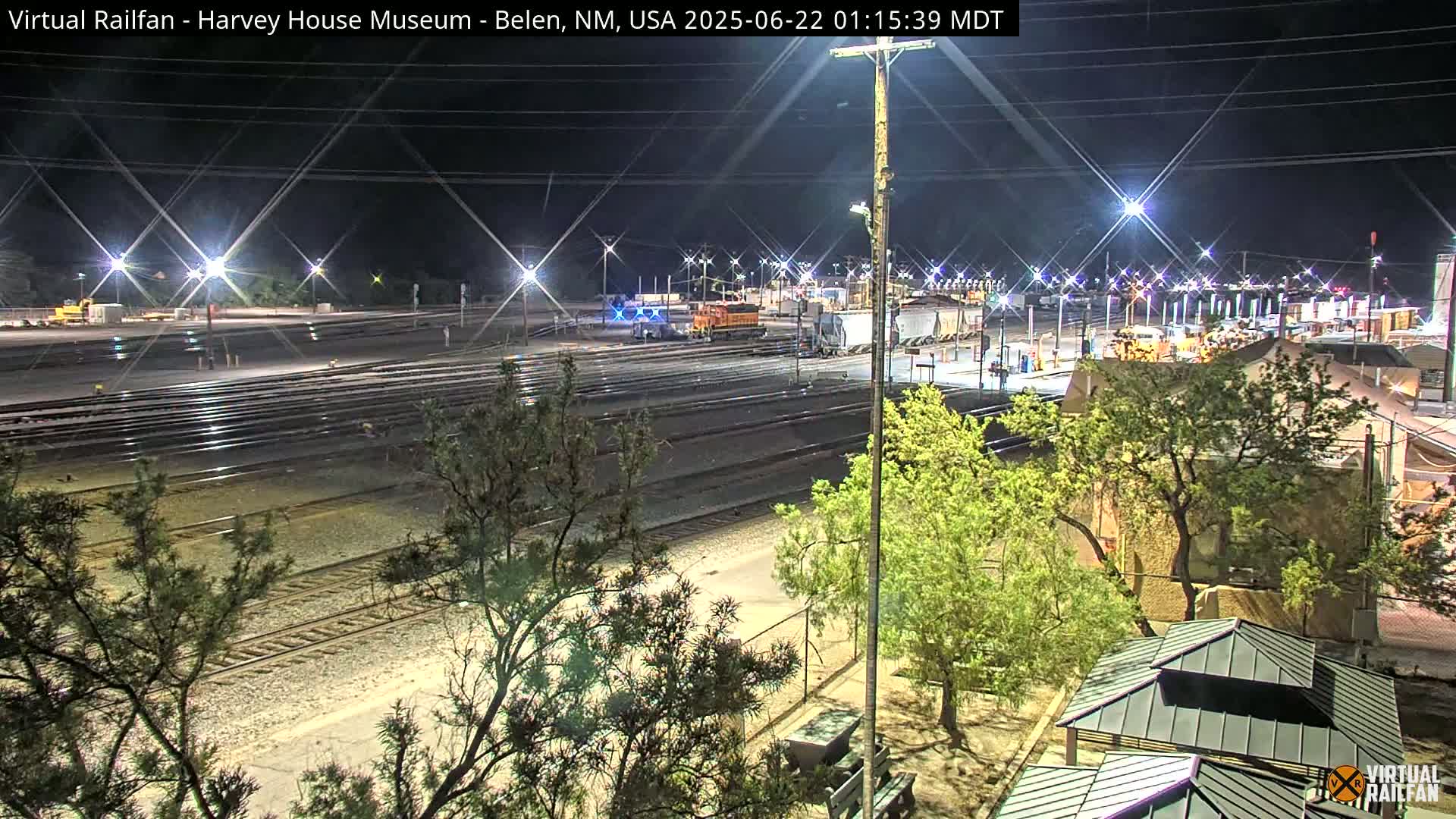 A nighttime view of a train yard with numerous tracks, a lone locomotive, and surrounding trees under bright artificial lighting.
