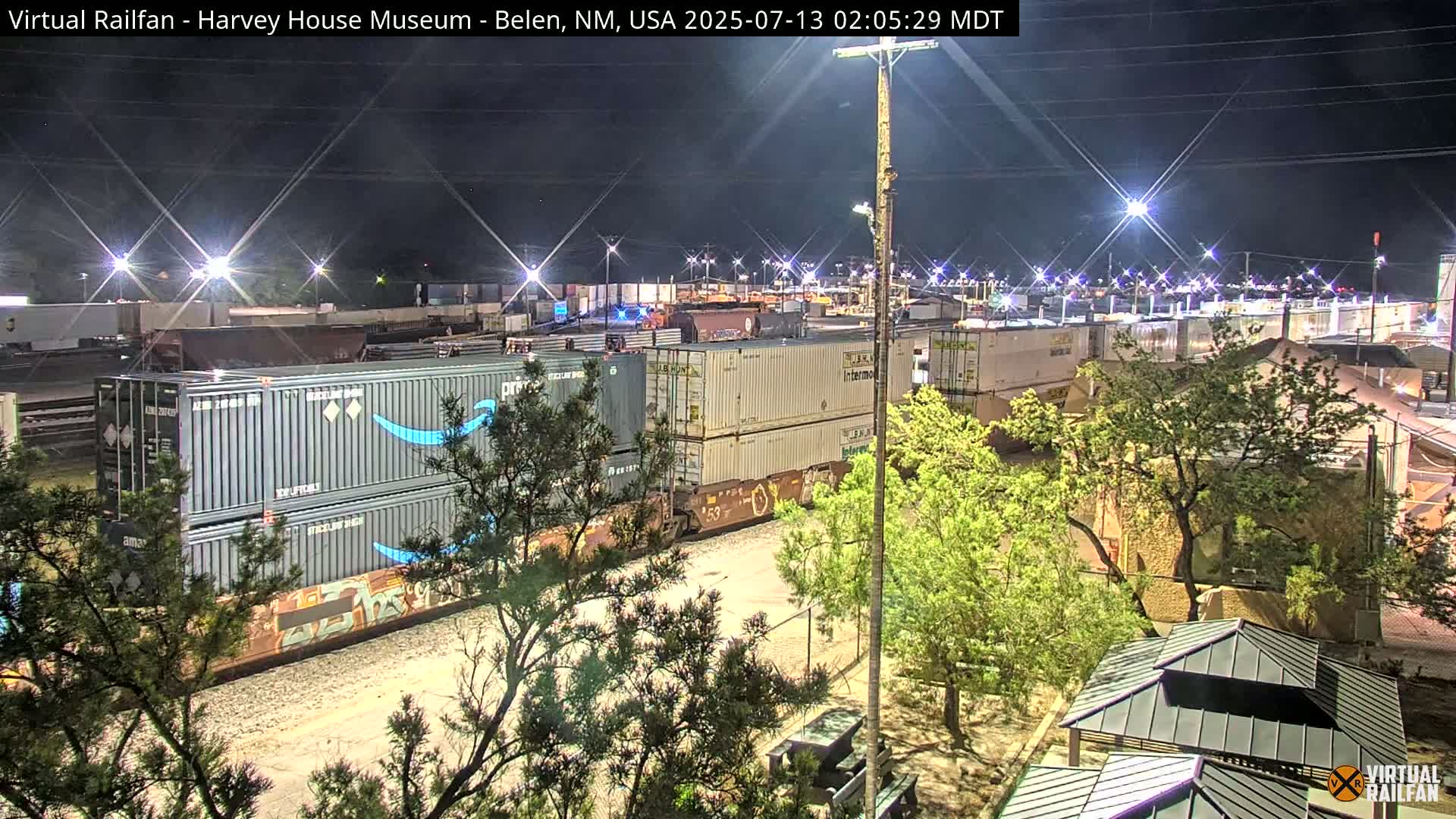 A nighttime view of a train carrying shipping containers, some with the Amazon logo, parked near trees and buildings under bright lights.