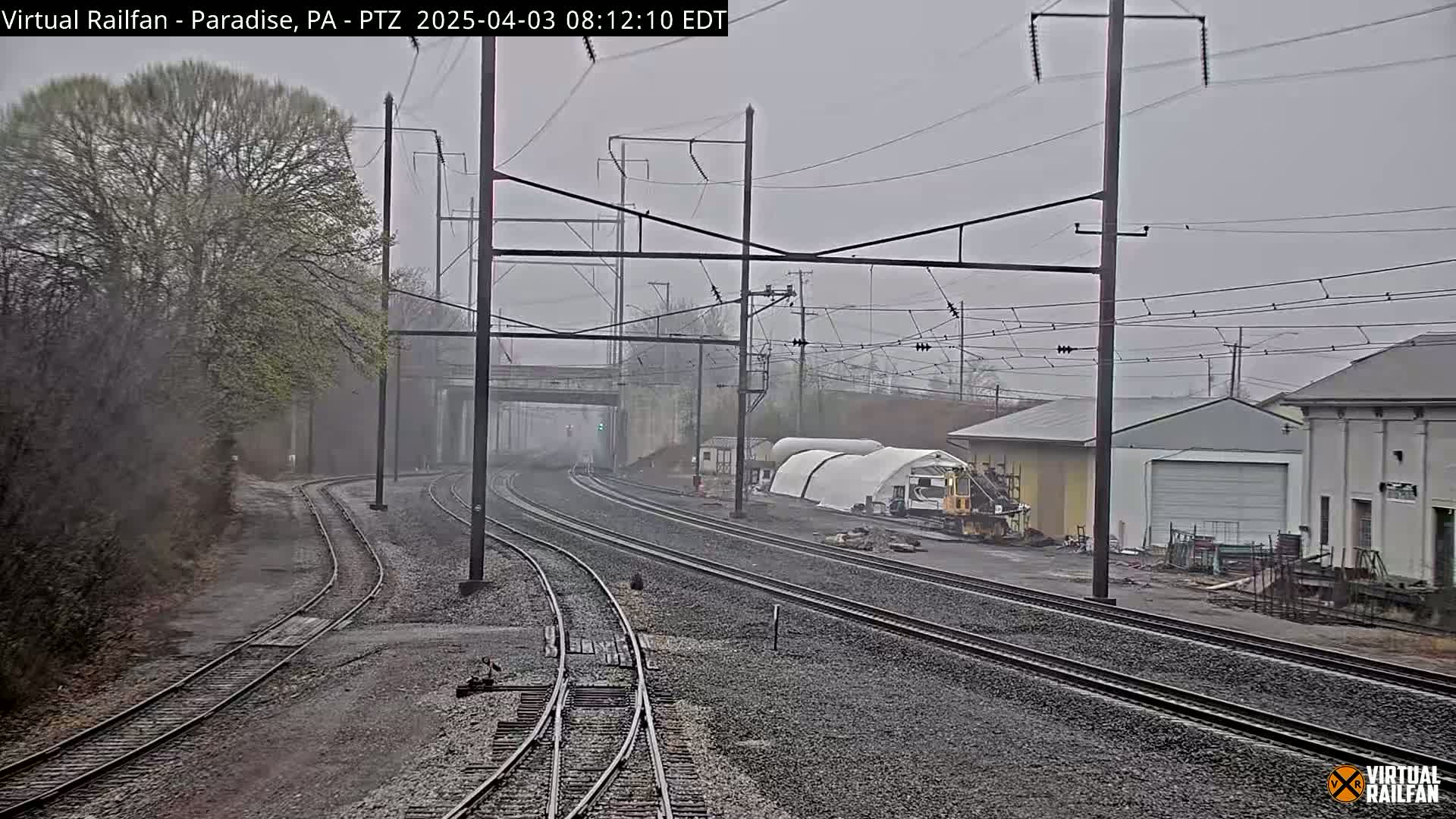 Multiple train tracks stretch into the distance on an overcast day, passing near buildings and trees.