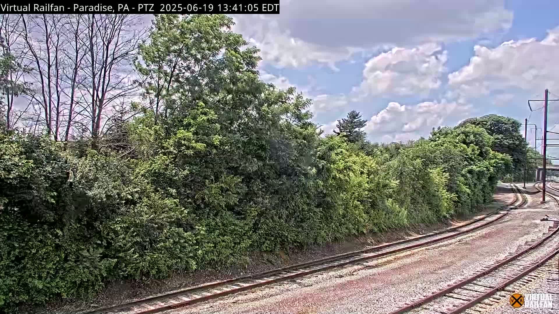 A partly cloudy sky overlooks a lush green landscape beside railroad tracks curving to the right.