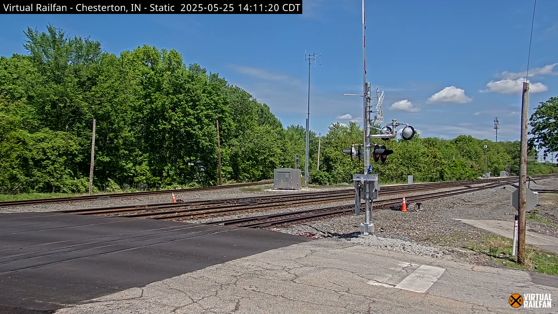 A sunny day with partly cloudy skies shows a railroad crossing with multiple tracks, signal lights, and lush green trees in the background.
