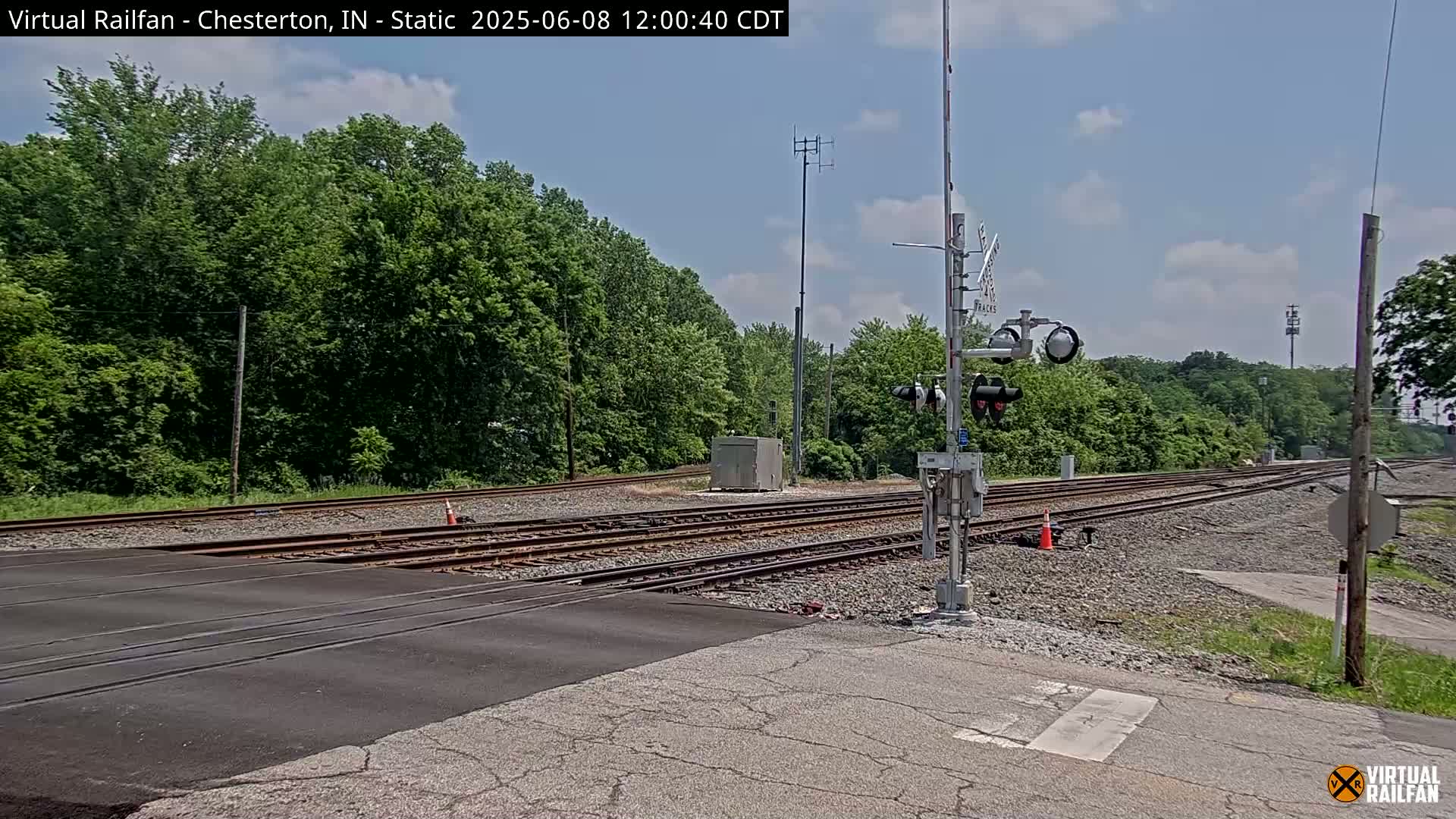 A railroad crossing with multiple tracks is shown under a partly cloudy sky, surrounded by lush green trees.
