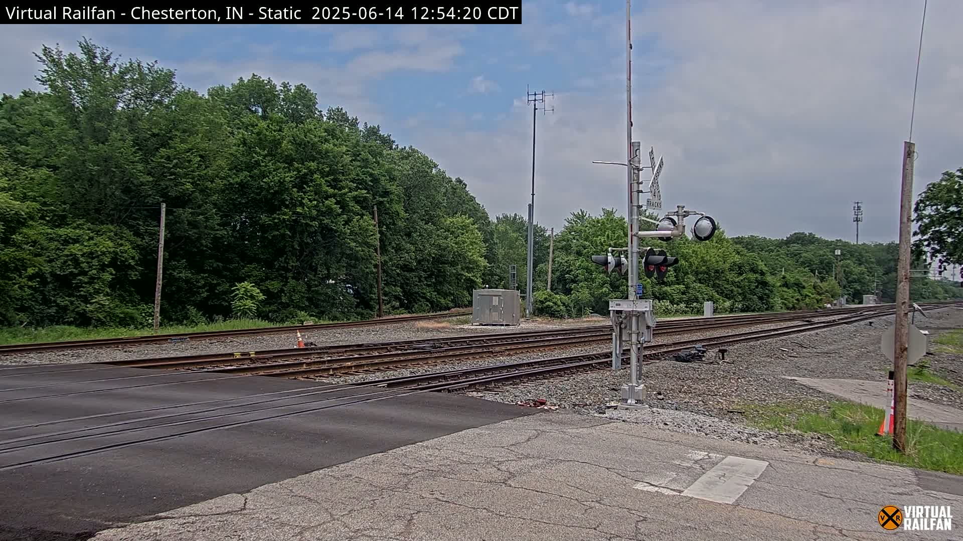 A railroad crossing with train tracks intersecting a road, surrounded by lush green trees under a partly cloudy sky.