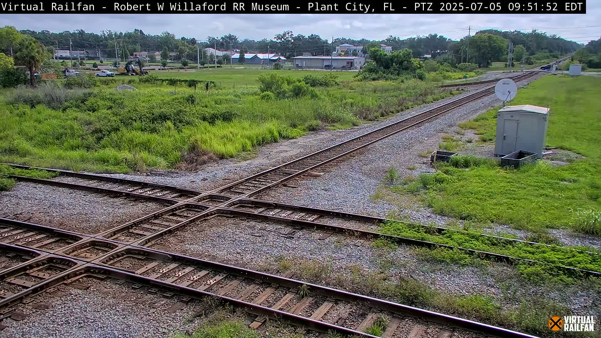 A railroad crossing with several tracks is shown, surrounded by overgrown grass and weeds under a partly cloudy sky.