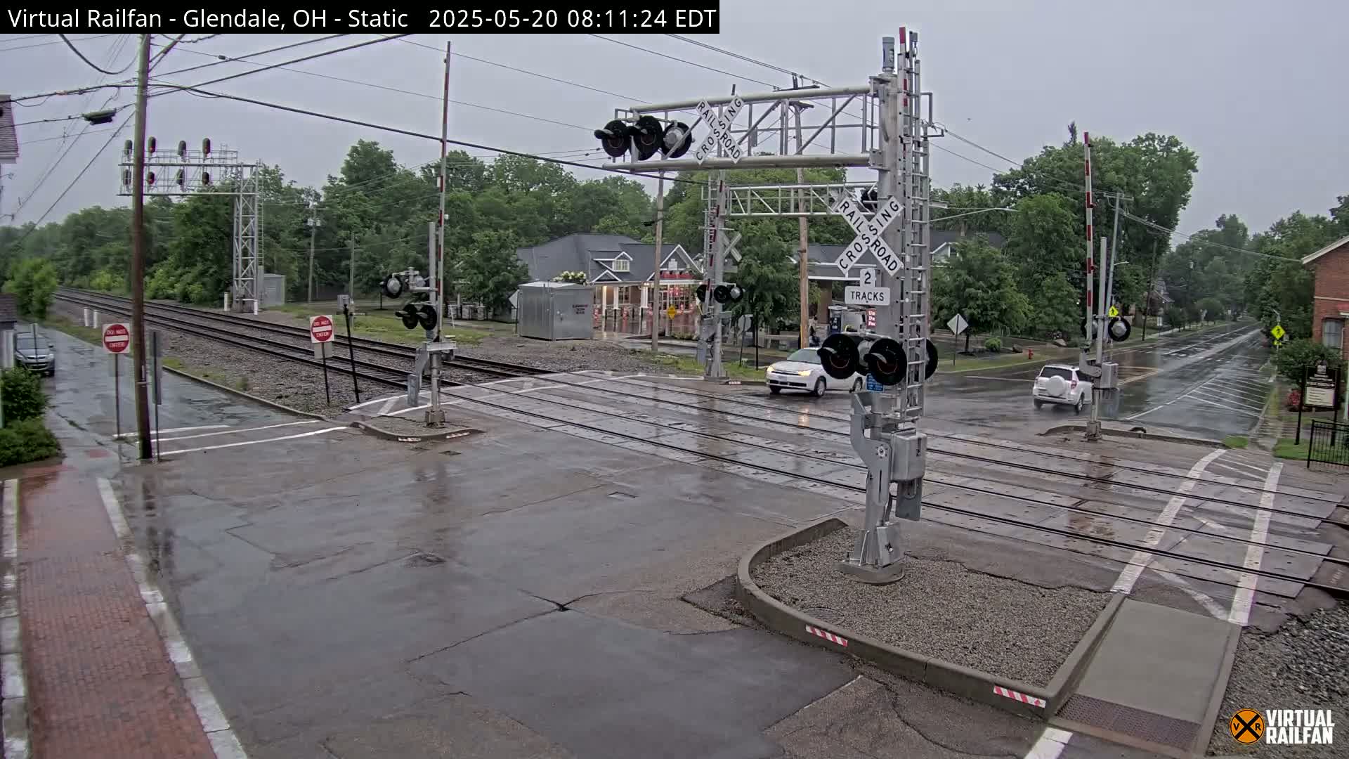 A rainy scene shows a railroad crossing with lowered gates, two vehicles waiting, and wet streets.