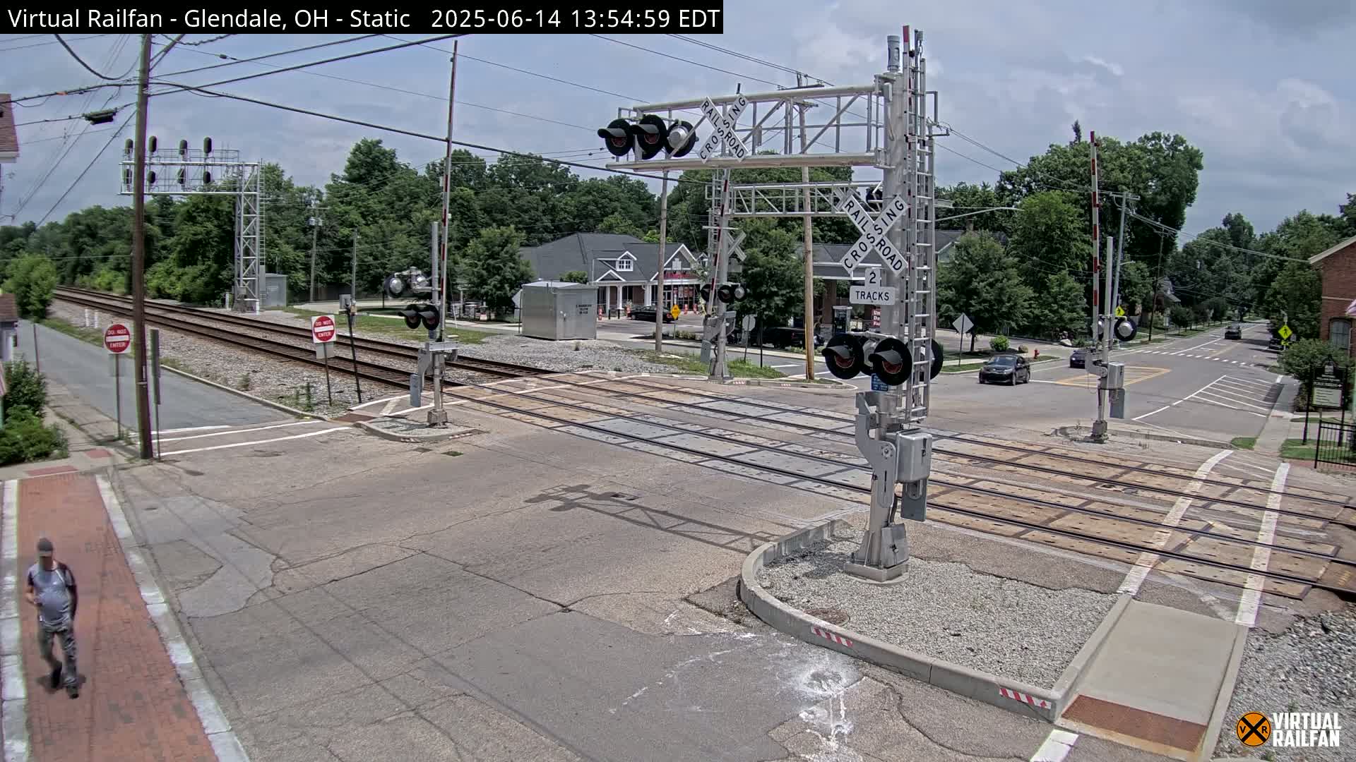 A mostly sunny day shows a pedestrian crossing a street at a railroad crossing with active railroad gates and signals.