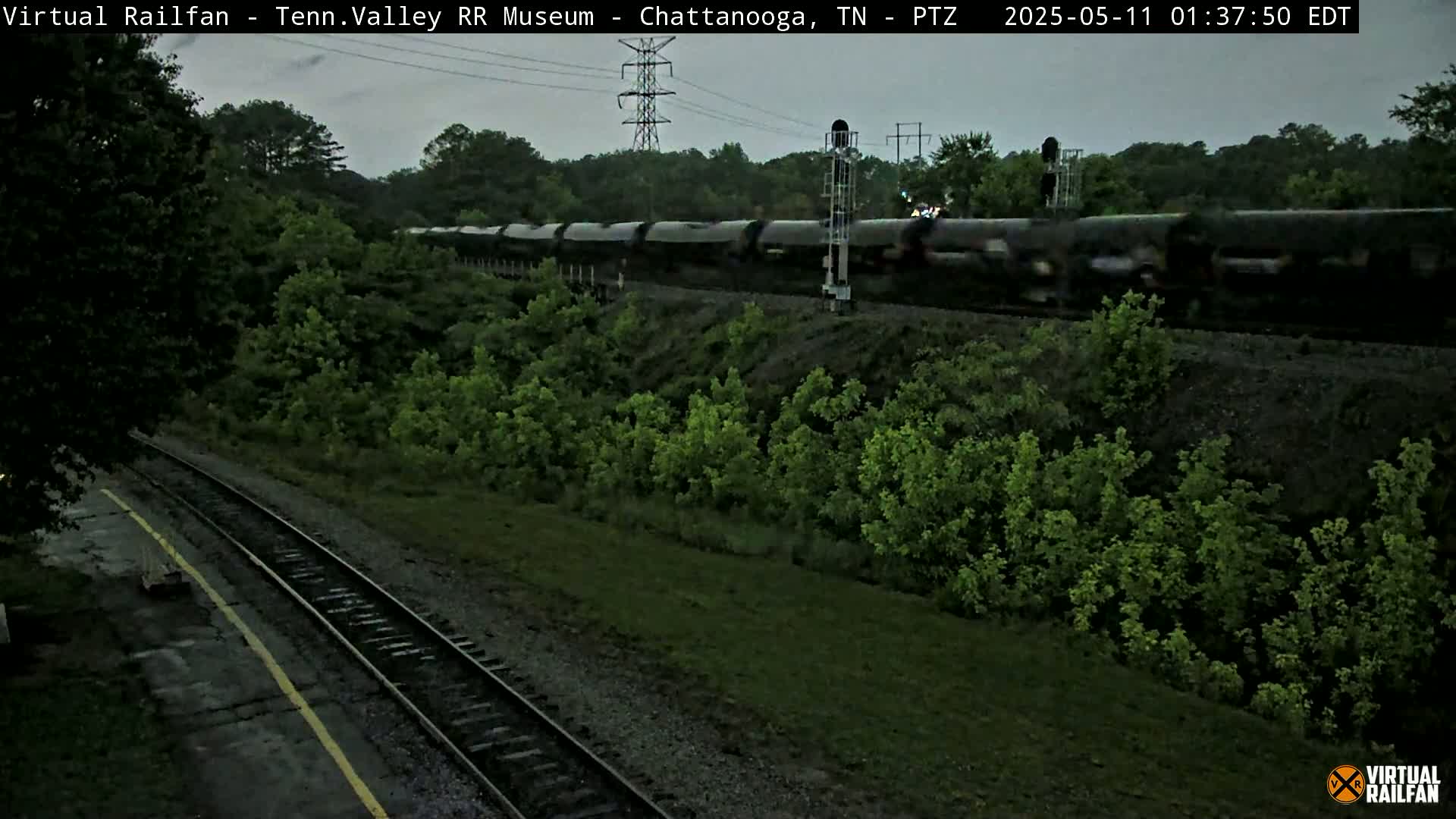 A long freight train passes by a railway under an overcast sky, surrounded by lush green vegetation.