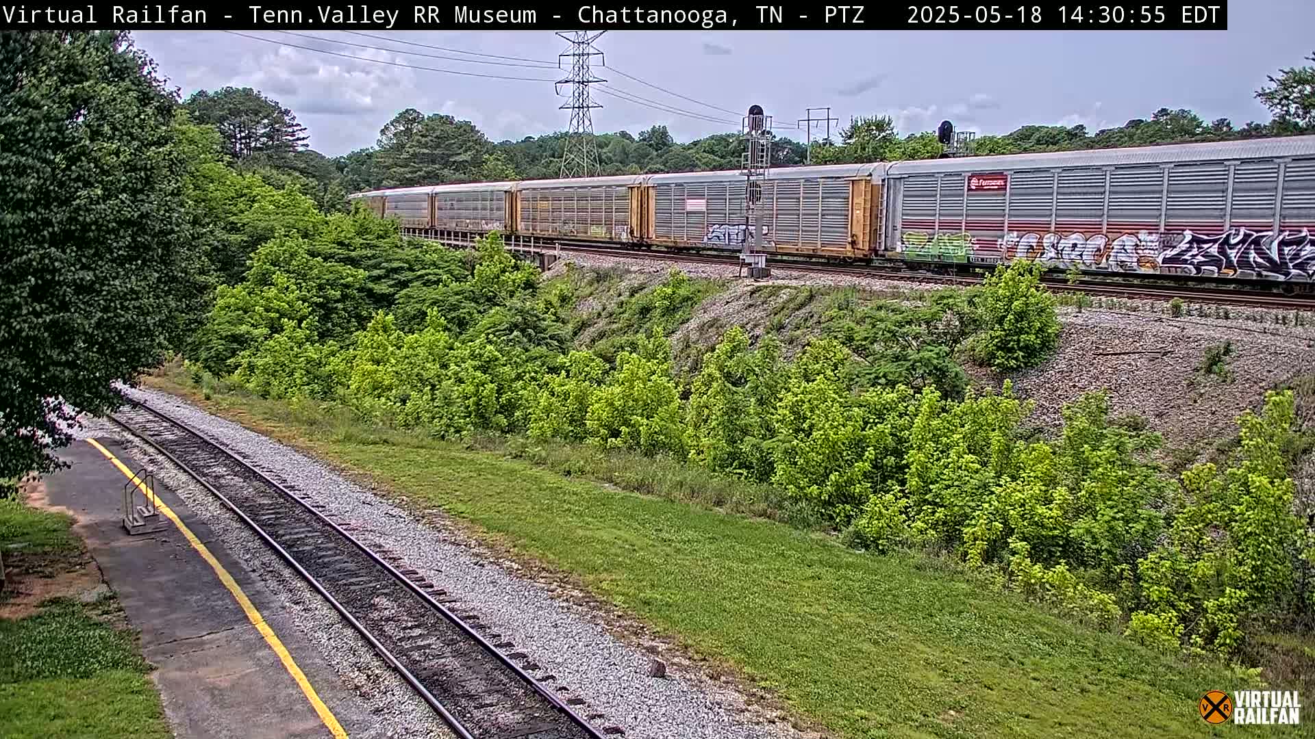 A long freight train passes by a railway track on an overcast day, surrounded by lush green vegetation.