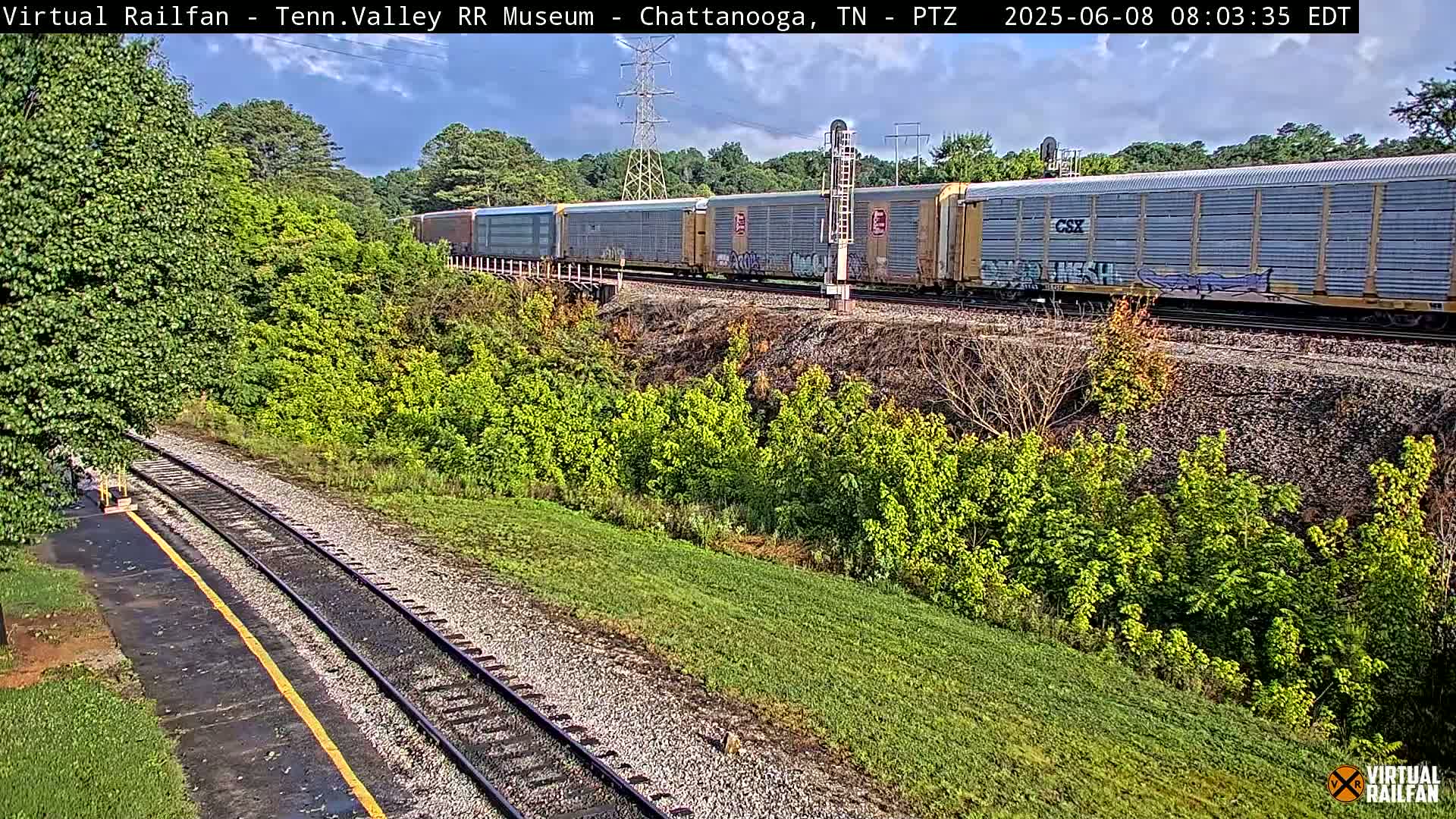 A freight train passes by a grassy area with lush green vegetation under partly cloudy skies.
