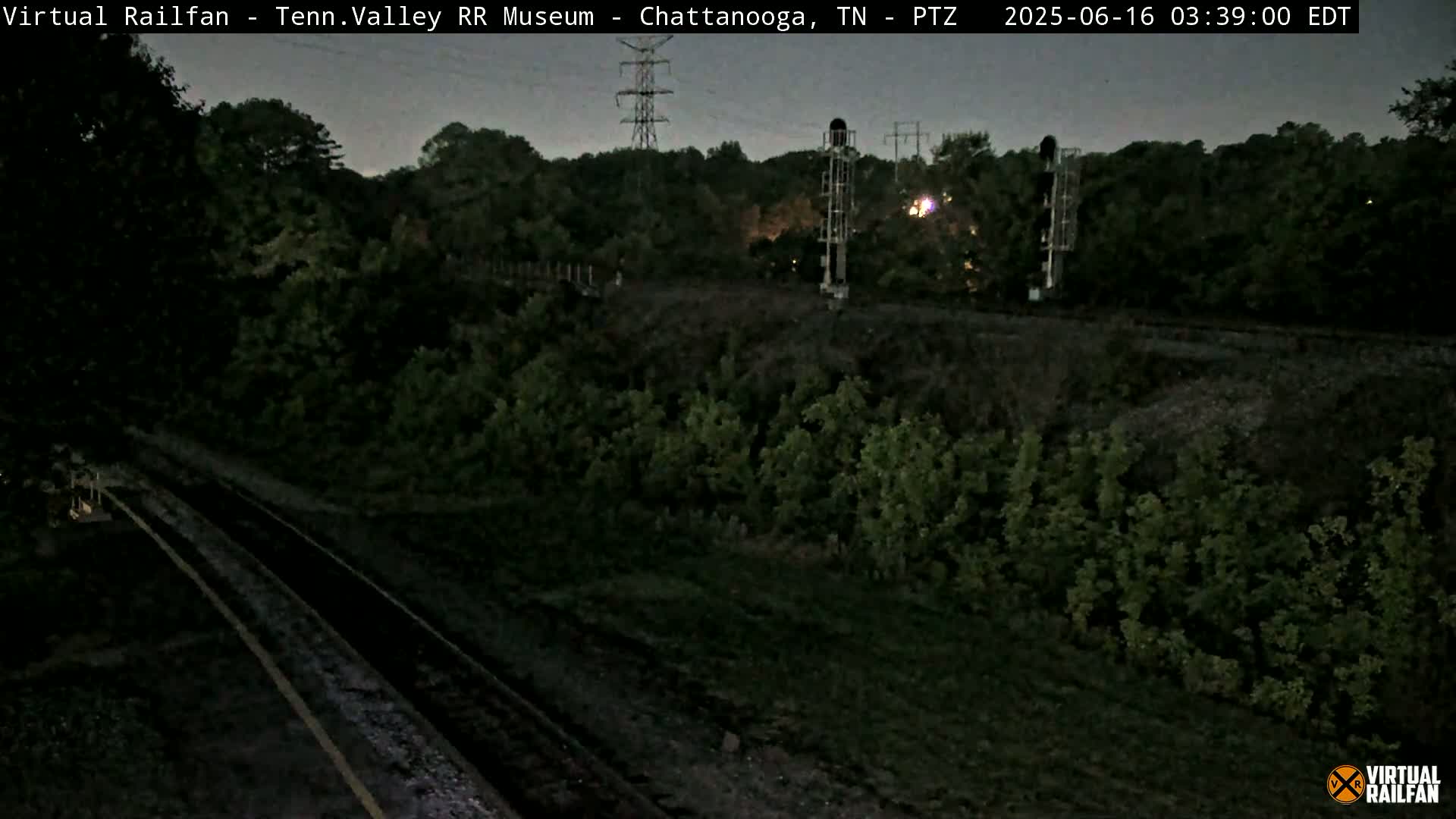 A nighttime view of railroad tracks surrounded by dark green vegetation under a dusky sky.