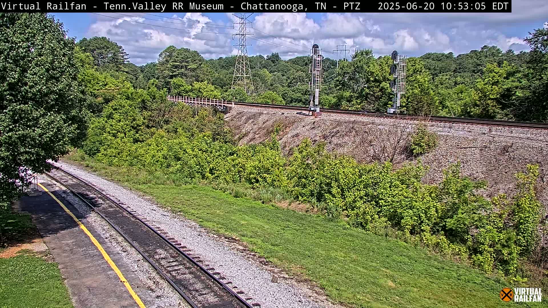A high-angle view of a railroad track running through a green, leafy landscape on a partly cloudy day.