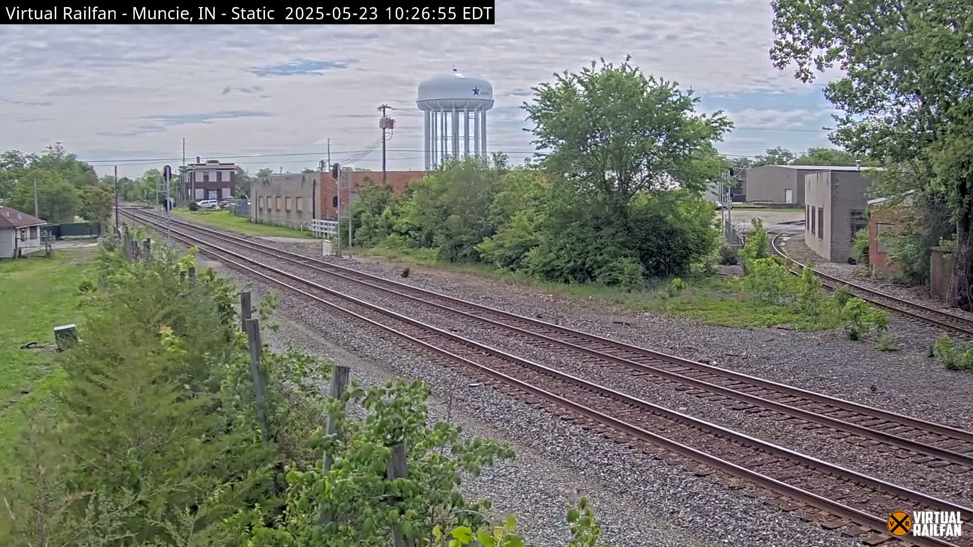 A view of railroad tracks extending into the distance, past industrial buildings and a water tower, under a partly cloudy sky.