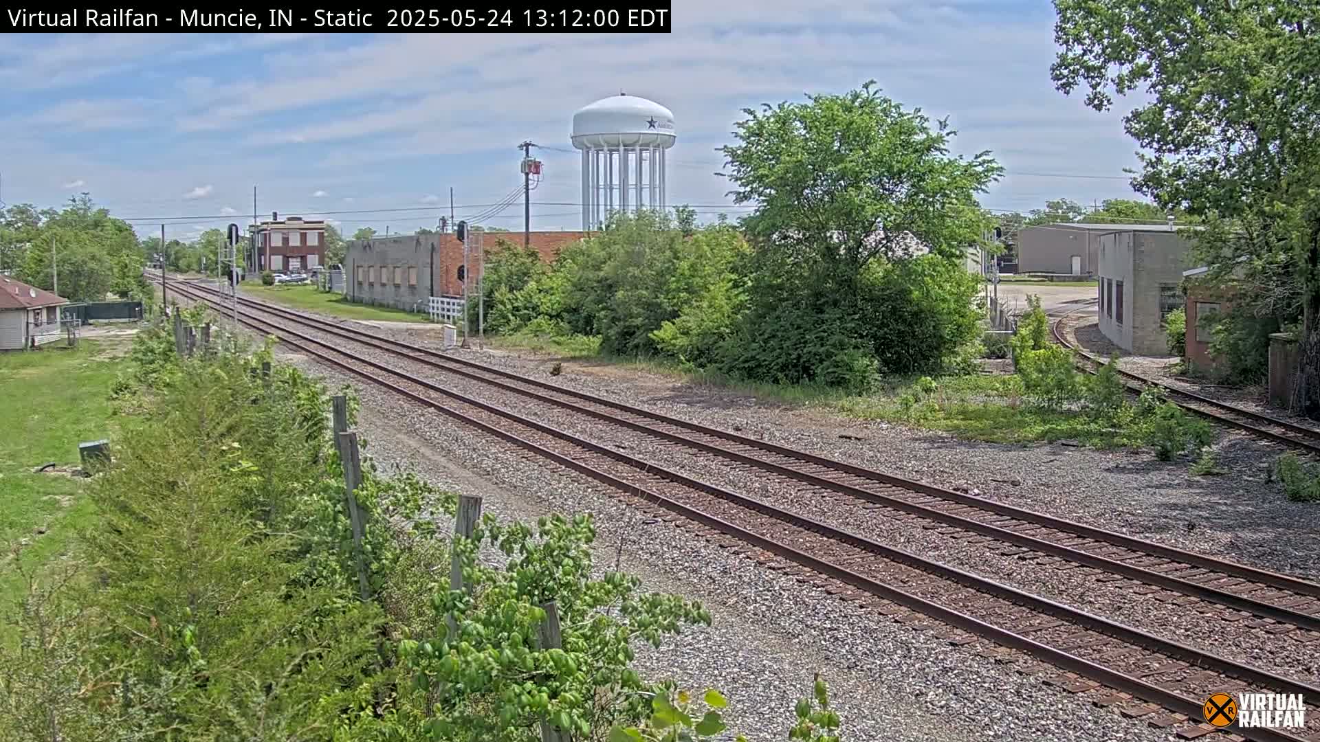 A view of railroad tracks leading to a town on a partly sunny day, with a water tower visible in the distance.