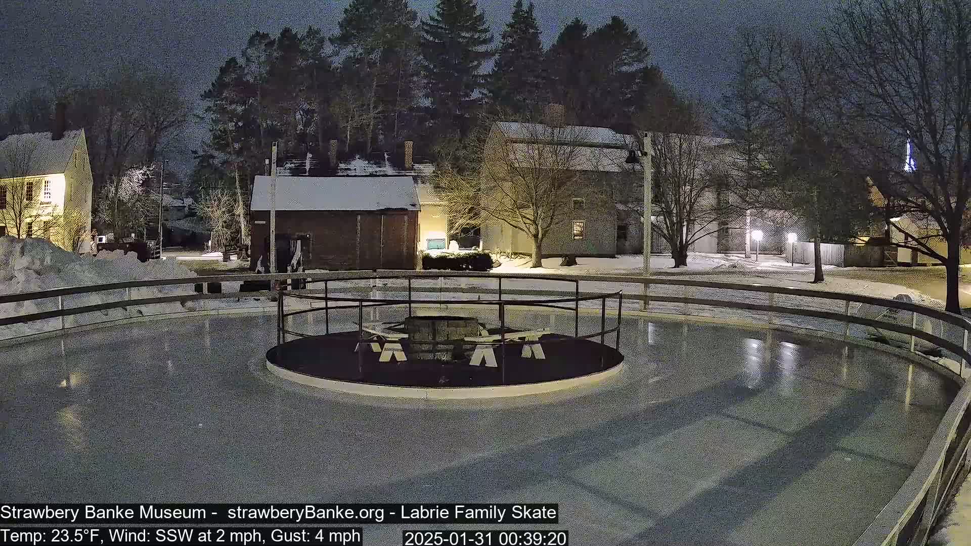An outdoor ice skating rink is illuminated at night, surrounded by snow-covered buildings and trees under a dark sky.