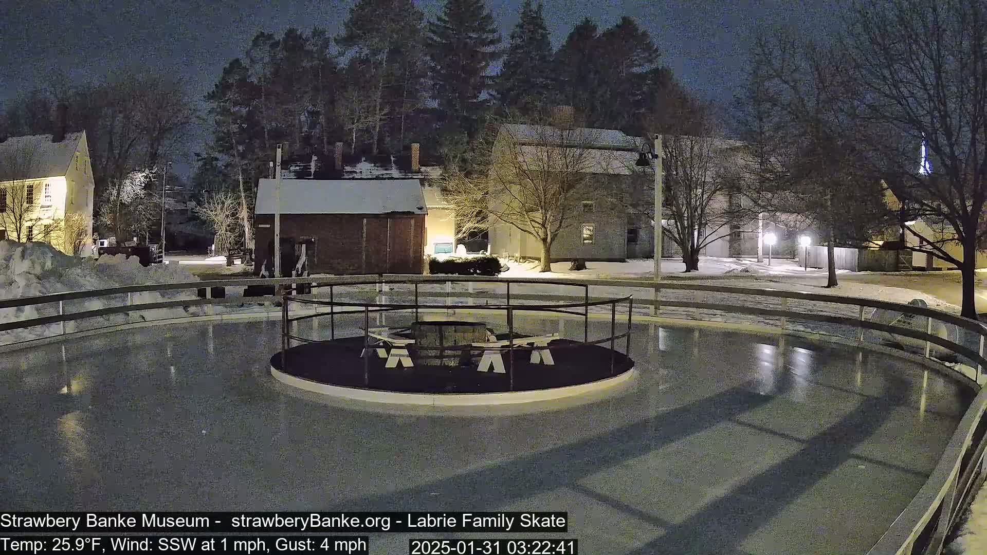 A nighttime view of an outdoor ice skating rink surrounded by snow-covered buildings and trees under a dark sky.
