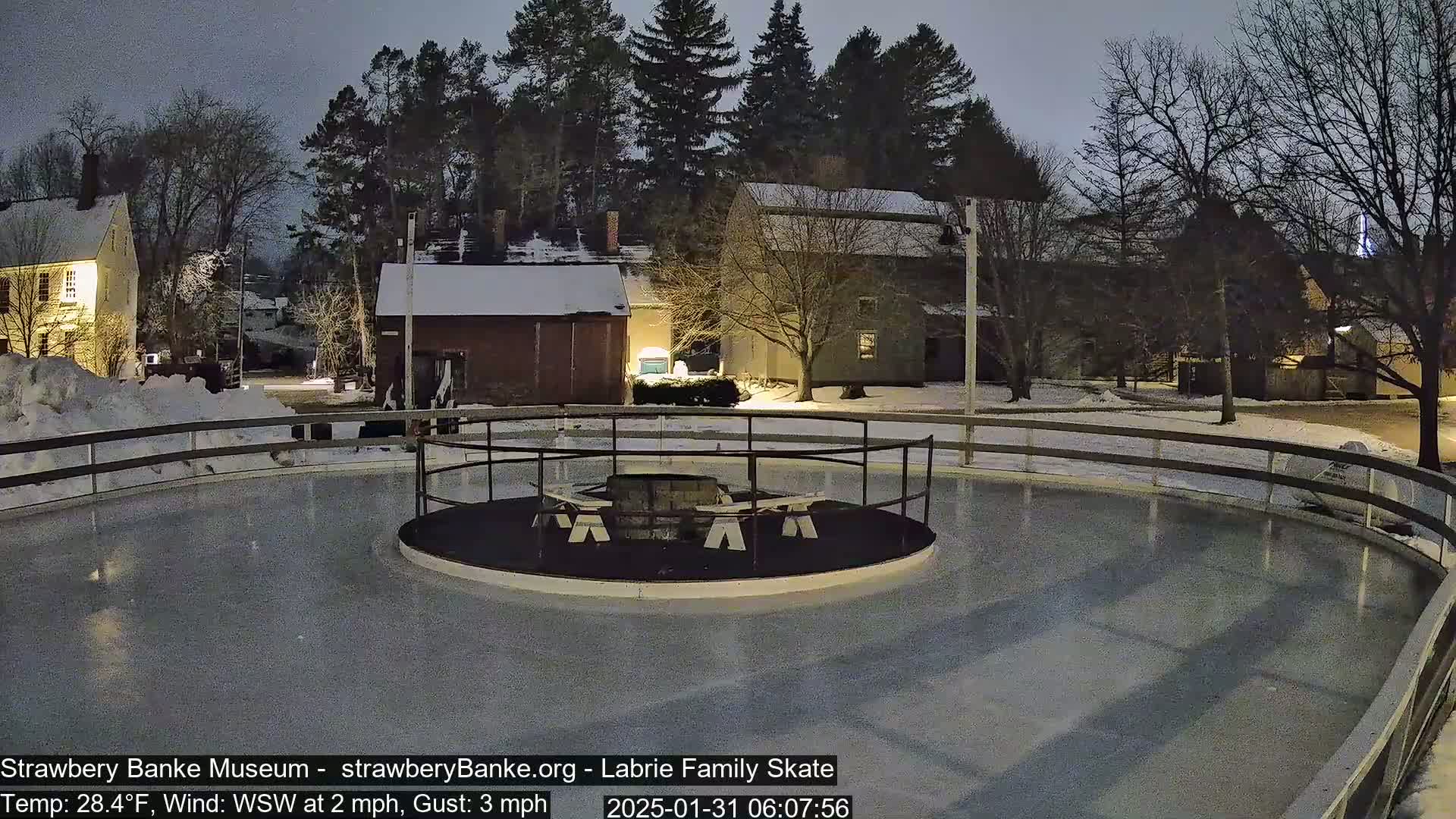 A nighttime view of an outdoor ice skating rink surrounded by snow-covered buildings and trees under a dark sky with a light wind.