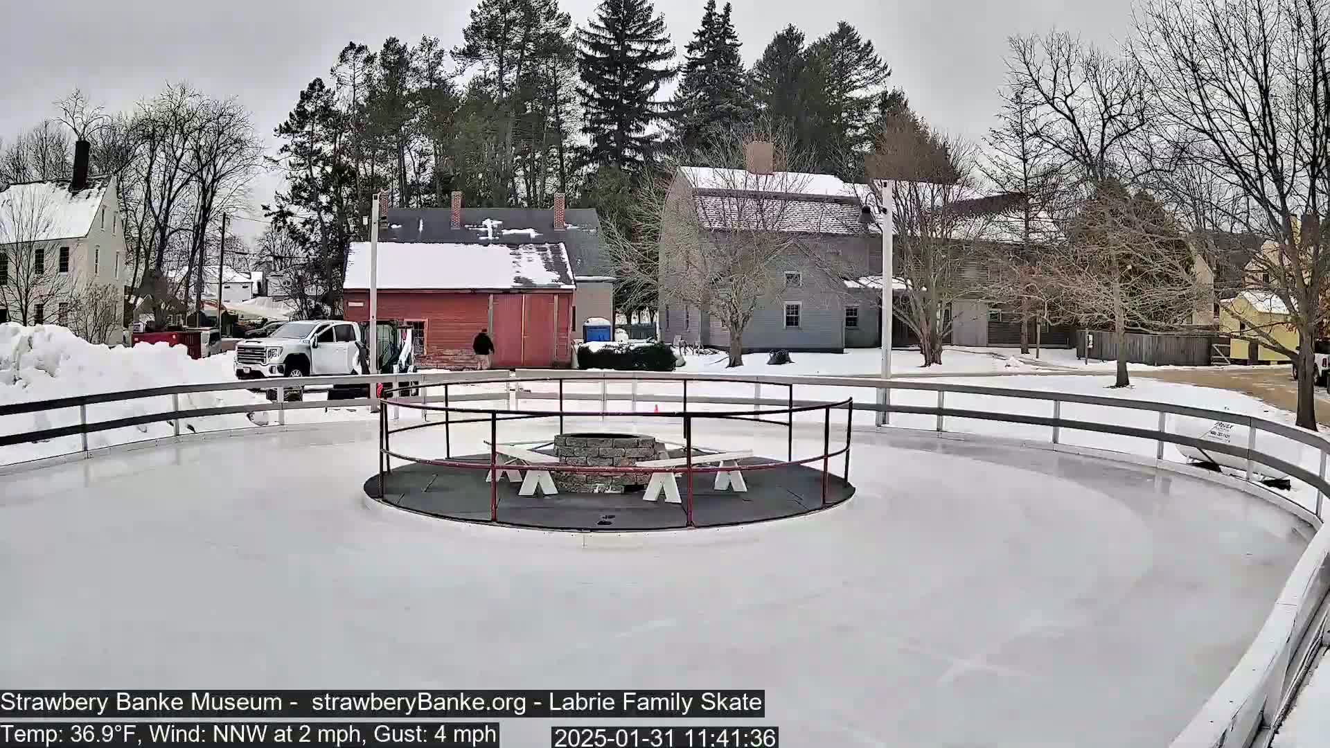 A snowy outdoor ice rink with a fire pit in the center, surrounded by several buildings and bare trees under an overcast sky.