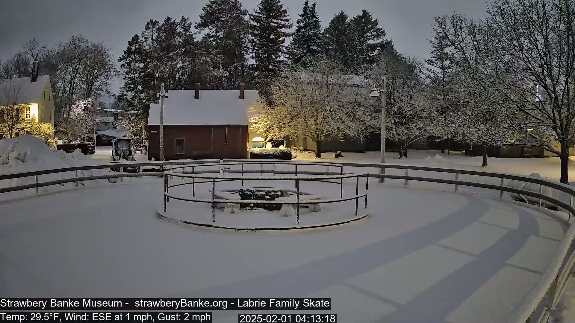 A snow-covered skating rink is encircled by a low fence, with snow-covered buildings and trees visible in the background under a night sky.