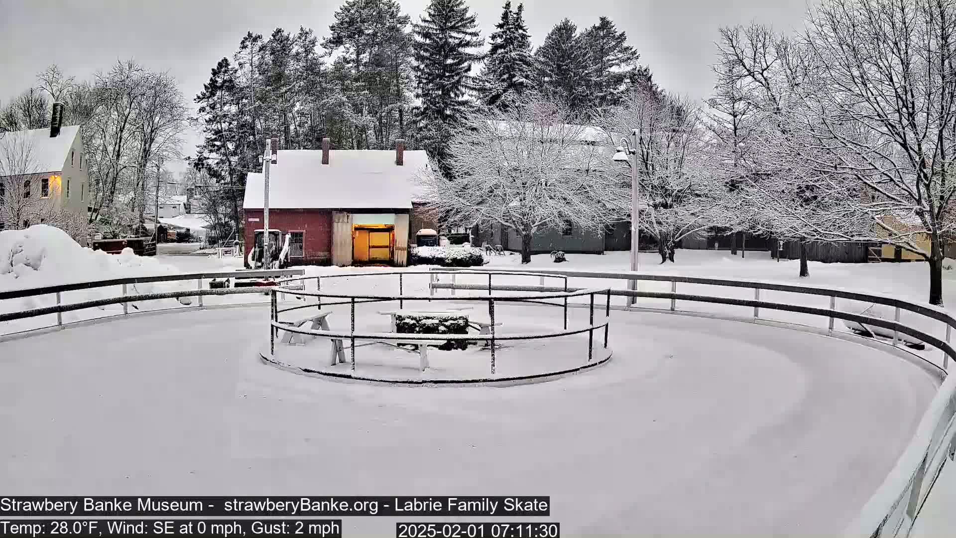 A snow-covered circular ice rink with a picnic table in the center is surrounded by snow-covered buildings and trees during a light snowfall.