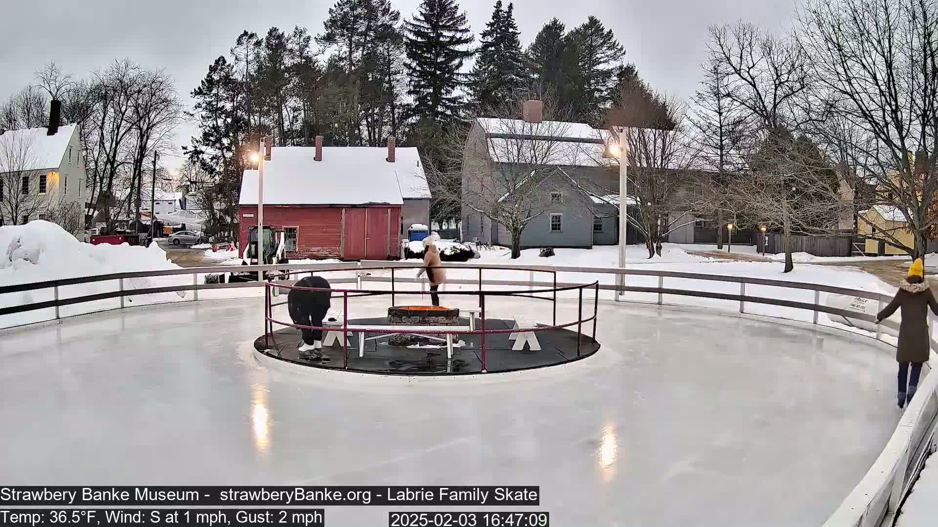 A snowy outdoor ice rink, surrounded by snow-covered buildings and trees, features several people ice skating.