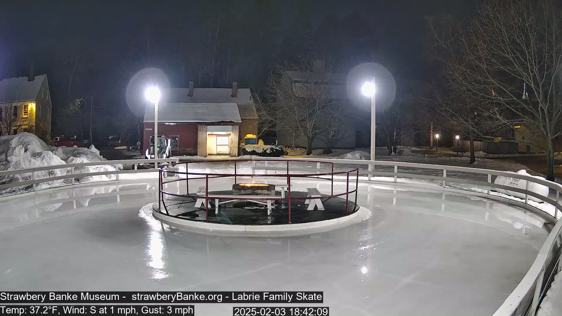 A nighttime view of an outdoor ice skating rink with a fire pit in the center, surrounded by snow and illuminated by lampposts.