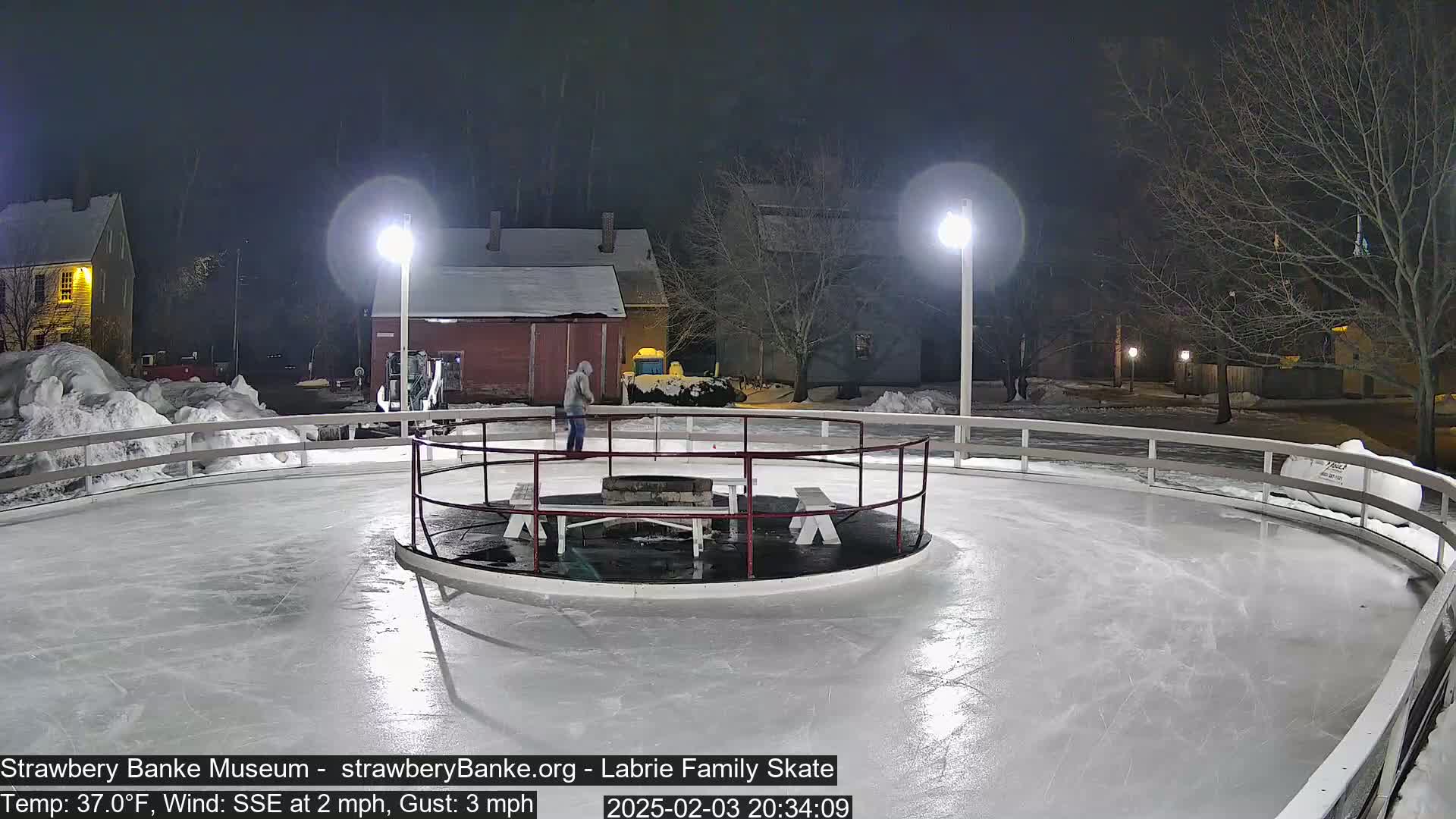 A person ice skates at night on an outdoor rink lit by two lampposts, under a dark, clear sky with a light wind.