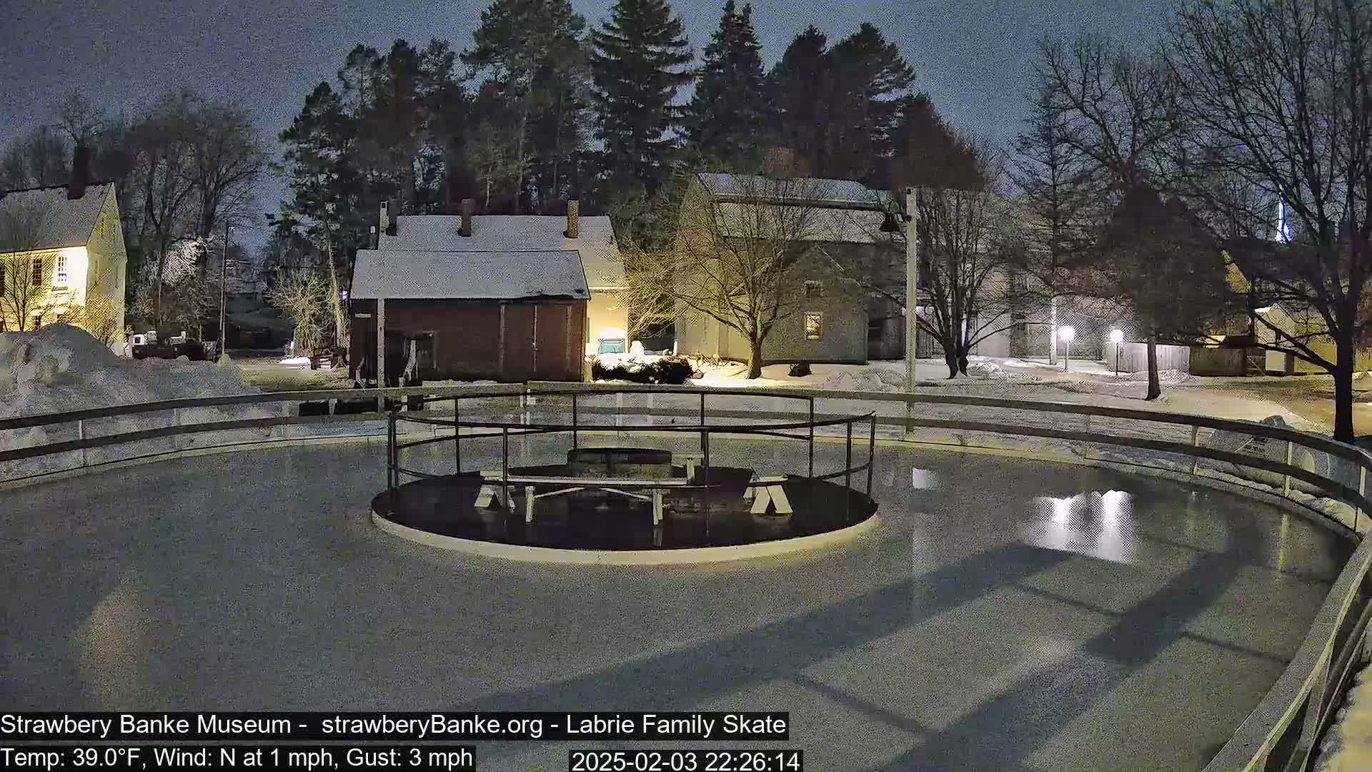 A nighttime view of a snow-covered outdoor ice rink, surrounded by historic-looking buildings and trees under a dark sky.